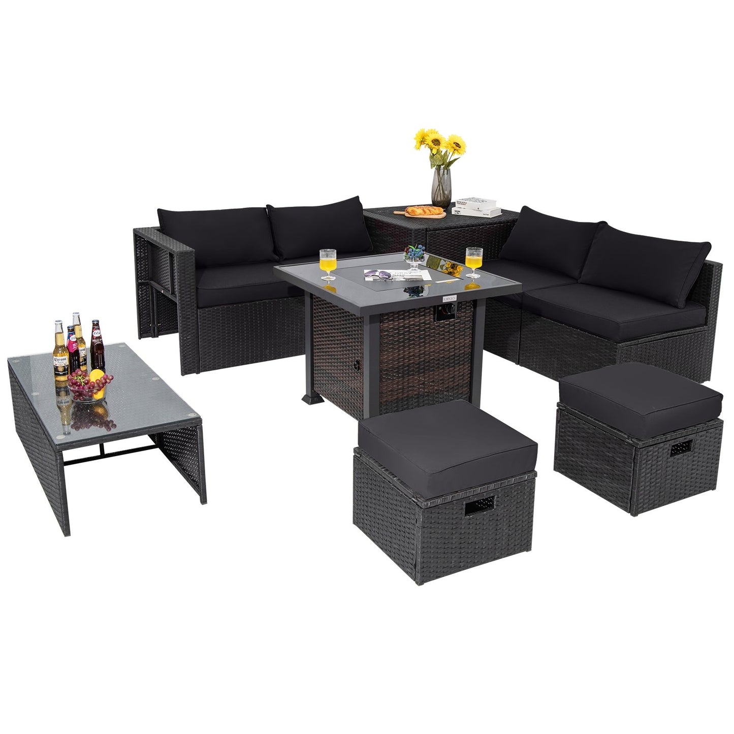 9 Pieces Patio Furniture Set with 32” Fire Pit Table and 50000 BTU Square Propane Fire Pit, Black Outdoor Seating & Patio Chairs   at Gallery Canada