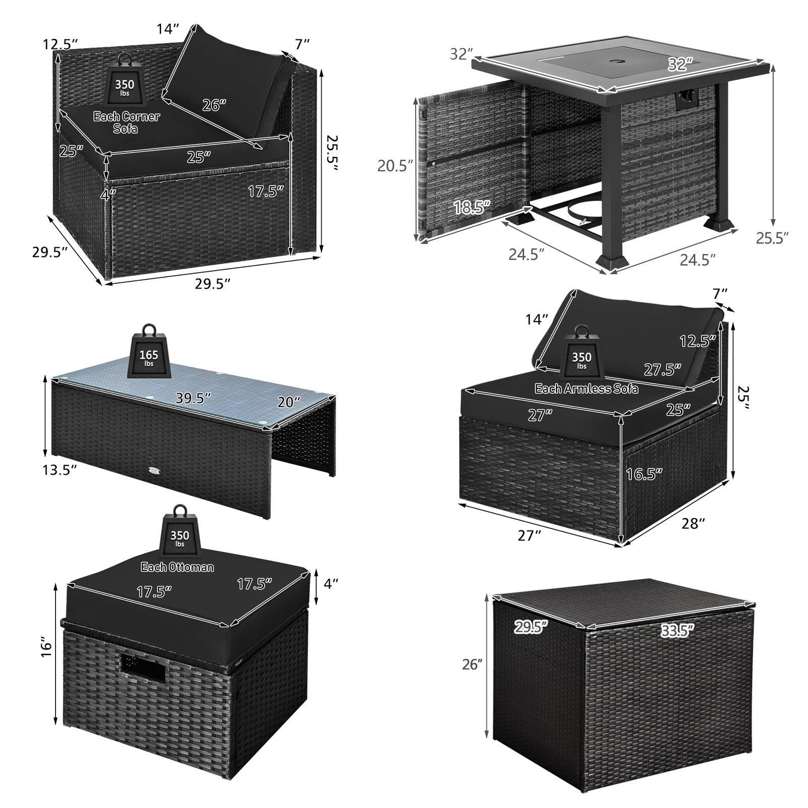 9 Pieces Patio Furniture Set with 32” Fire Pit Table and 50000 BTU Square Propane Fire Pit, Black Outdoor Seating & Patio Chairs   at Gallery Canada