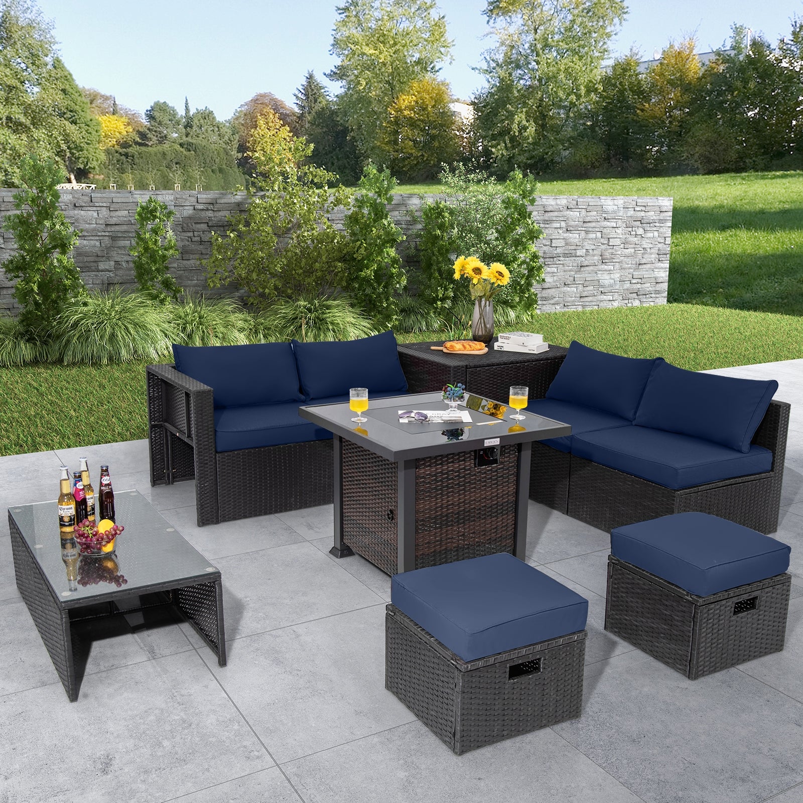 9 Pieces Patio Furniture Set with 32” Fire Pit Table and 50000 BTU Square Propane Fire Pit, Navy Outdoor Seating & Patio Chairs   at Gallery Canada