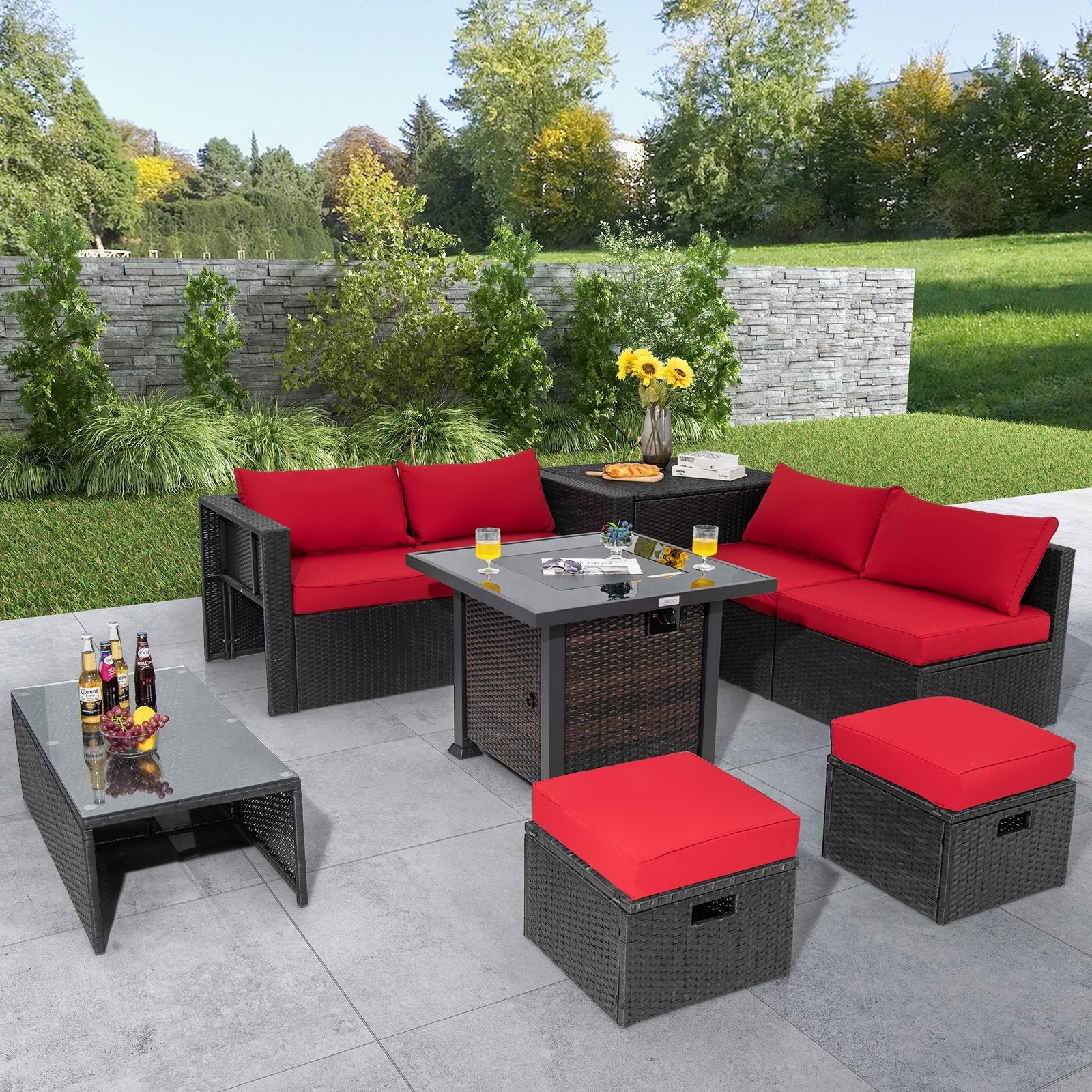 9 Pieces Patio Furniture Set with 32” Fire Pit Table and 50000 BTU Square Propane Fire Pit, Red Outdoor Seating & Patio Chairs   at Gallery Canada