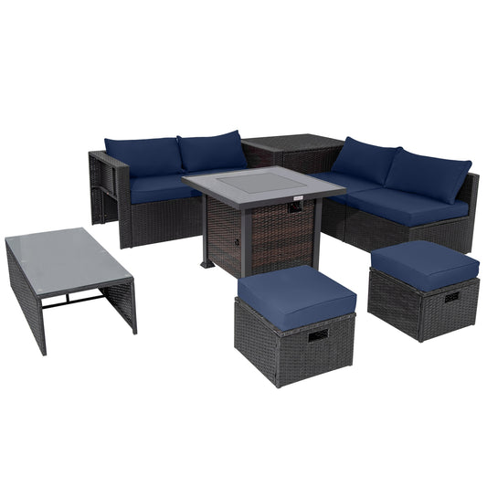 9 Pieces Patio Furniture Set with 32” Fire Pit Table and 50000 BTU Square Propane Fire Pit, Navy Outdoor Seating & Patio Chairs Navy  at Gallery Canada