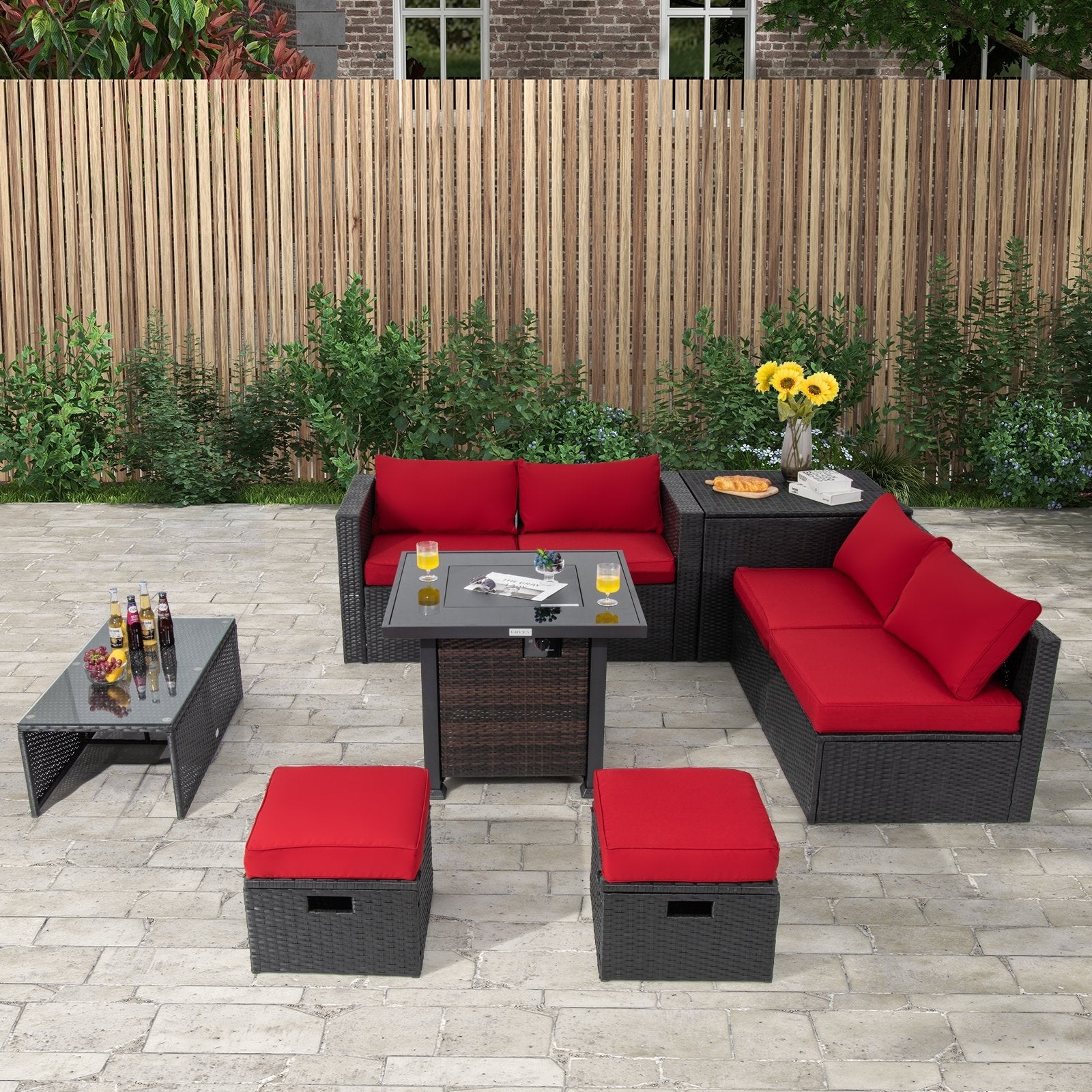 9 Pieces Patio Furniture Set with 32” Fire Pit Table and 50000 BTU Square Propane Fire Pit, Red Outdoor Seating & Patio Chairs   at Gallery Canada