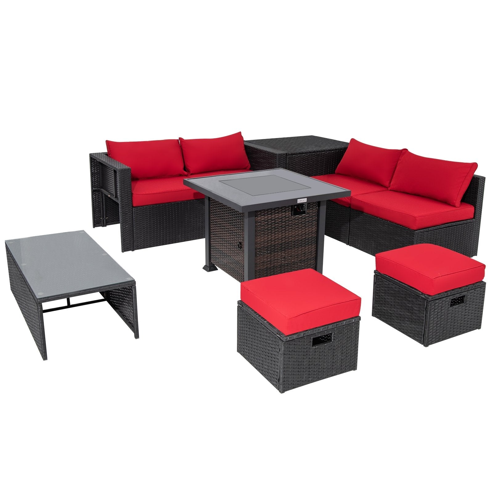 9 Pieces Patio Furniture Set with 32” Fire Pit Table and 50000 BTU Square Propane Fire Pit, Red Outdoor Seating & Patio Chairs   at Gallery Canada