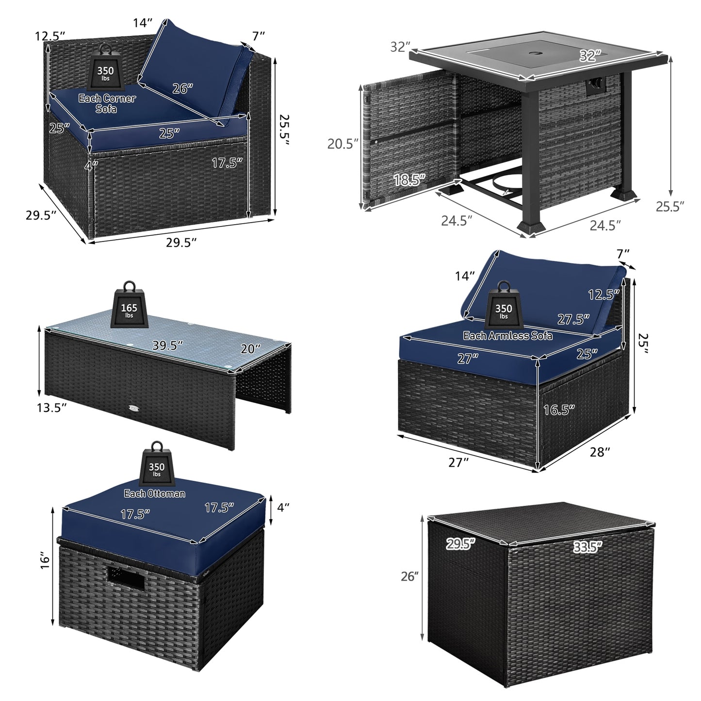 9 Pieces Patio Furniture Set with 32” Fire Pit Table and 50000 BTU Square Propane Fire Pit, Navy Outdoor Seating & Patio Chairs   at Gallery Canada