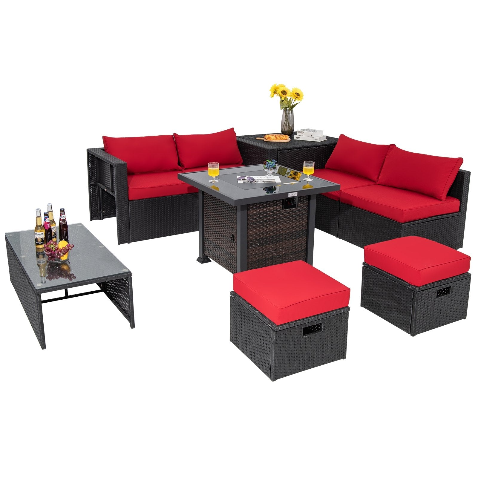 9 Pieces Patio Furniture Set with 32” Fire Pit Table and 50000 BTU Square Propane Fire Pit, Red Outdoor Seating & Patio Chairs   at Gallery Canada