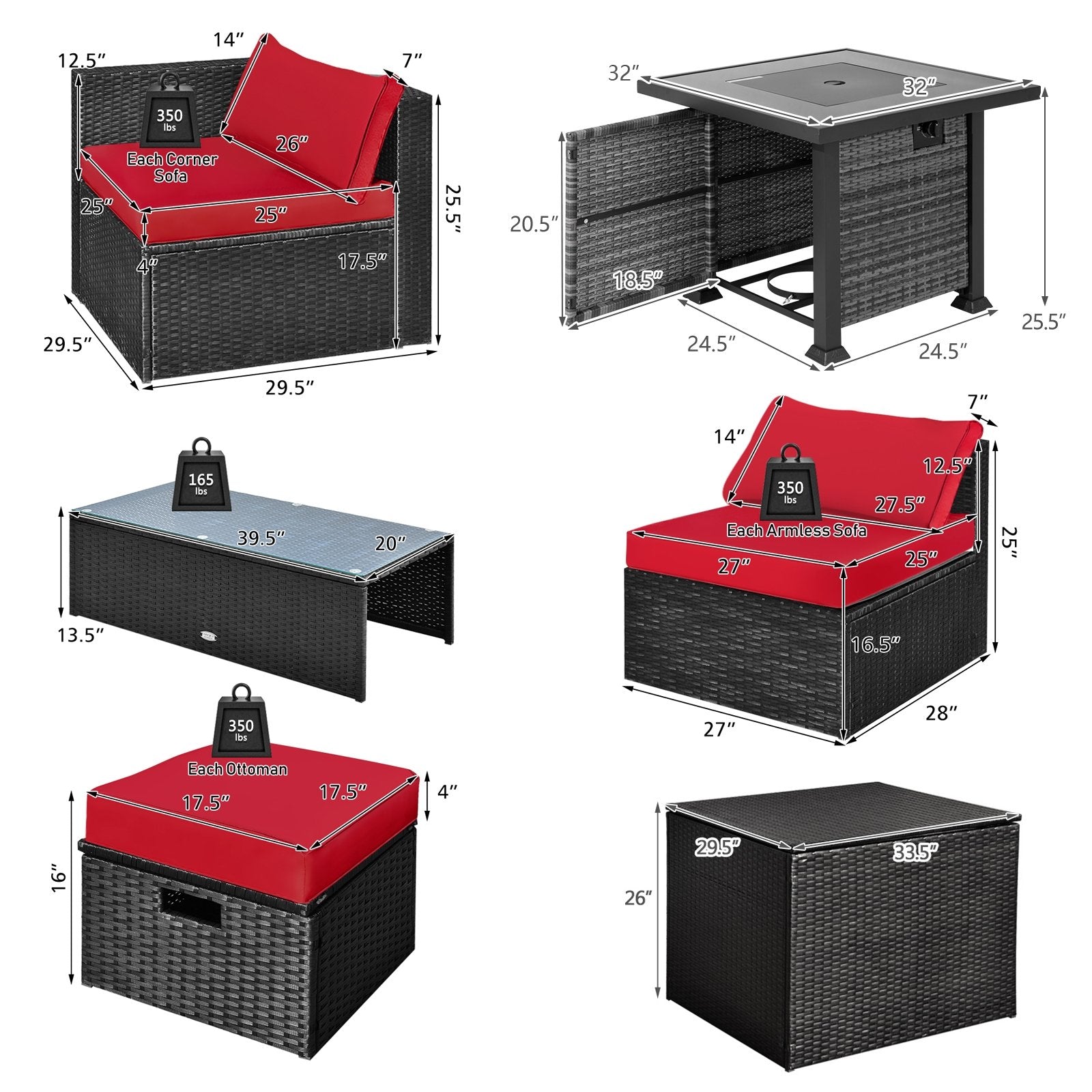 9 Pieces Patio Furniture Set with 32” Fire Pit Table and 50000 BTU Square Propane Fire Pit, Red Outdoor Seating & Patio Chairs   at Gallery Canada