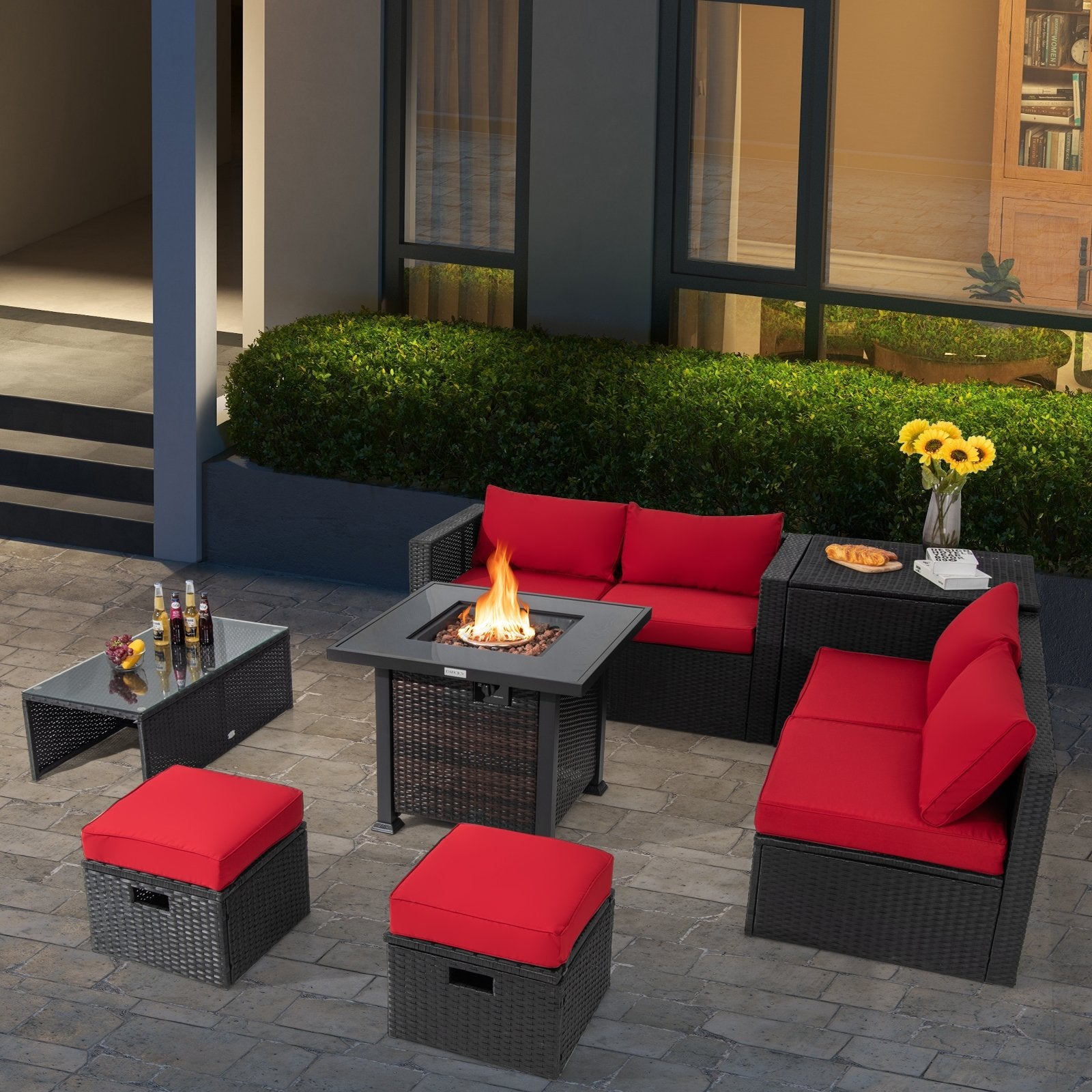 9 Pieces Patio Furniture Set with 32” Fire Pit Table and 50000 BTU Square Propane Fire Pit, Red Outdoor Seating & Patio Chairs   at Gallery Canada