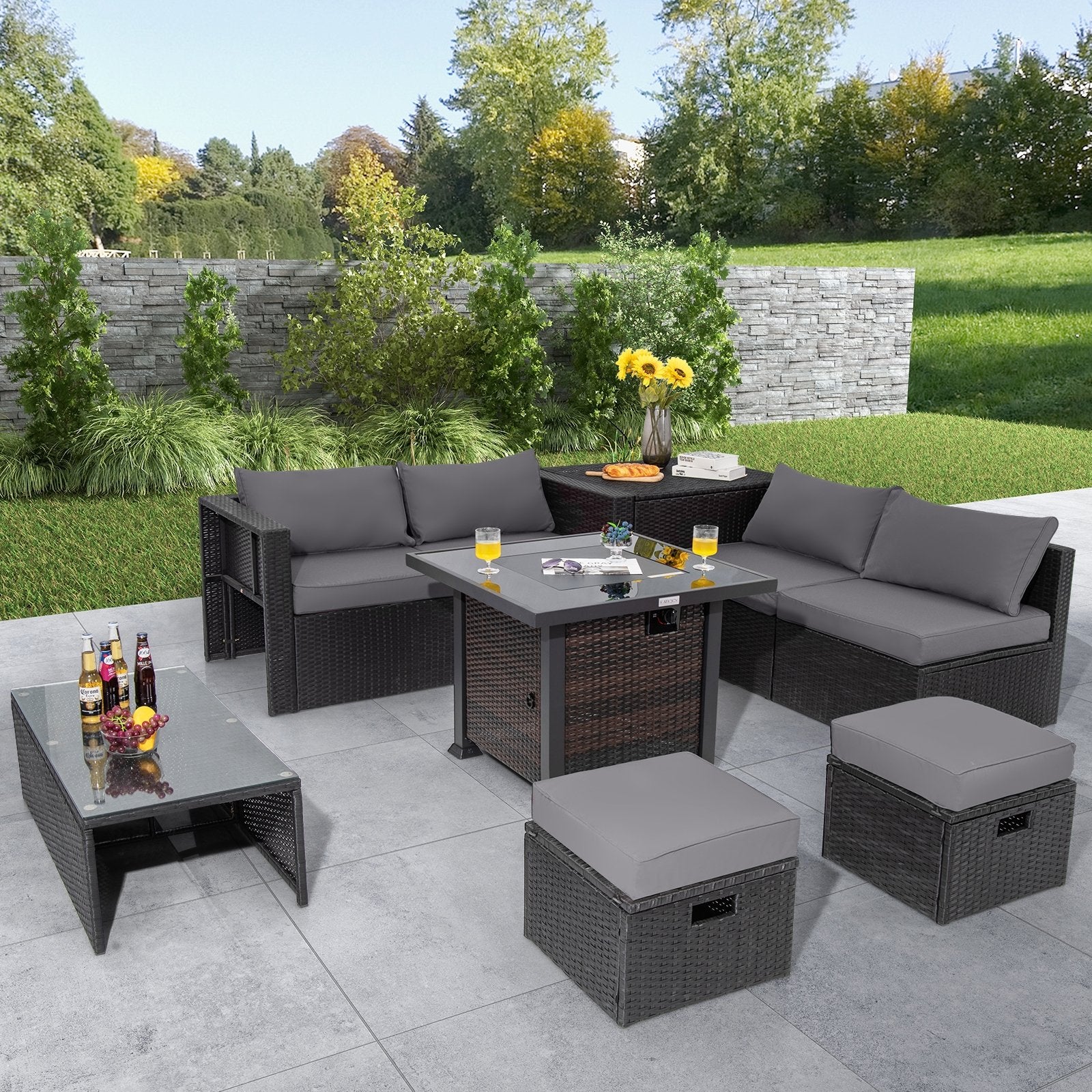 9 Pieces Patio Furniture Set with 32” Fire Pit Table and 50000 BTU Square Propane Fire Pit, Gray Outdoor Seating & Patio Chairs   at Gallery Canada