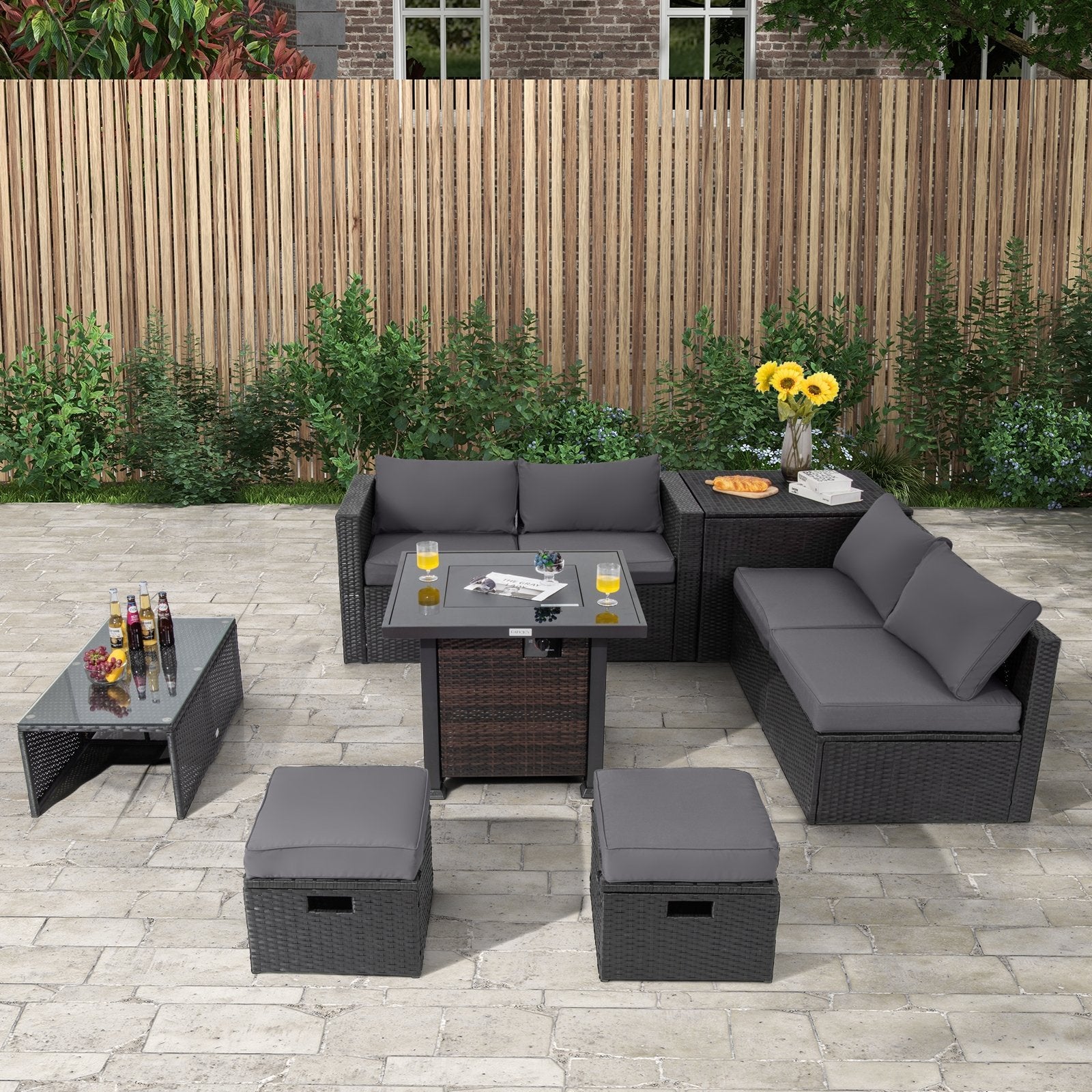 9 Pieces Patio Furniture Set with 32” Fire Pit Table and 50000 BTU Square Propane Fire Pit, Gray Outdoor Seating & Patio Chairs   at Gallery Canada