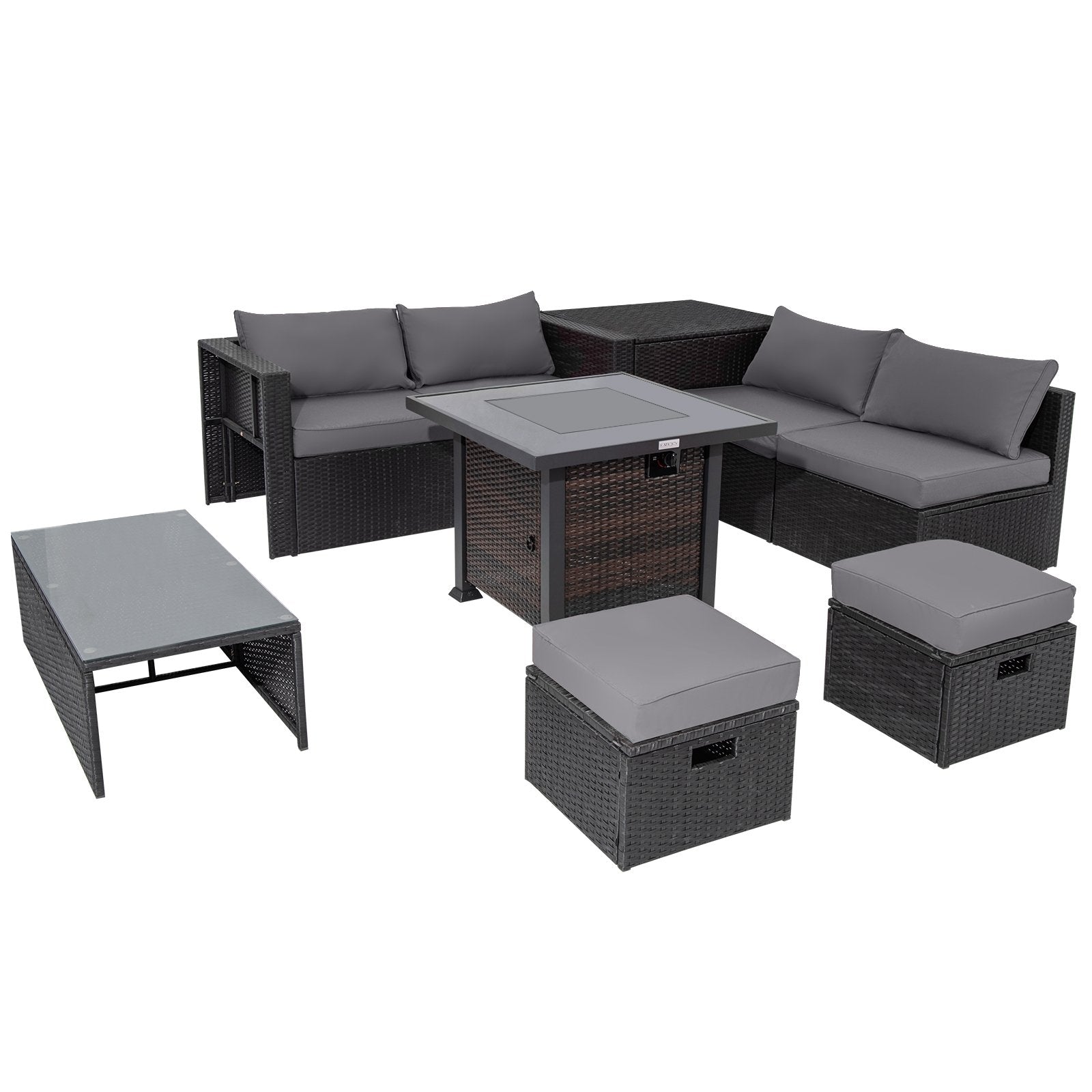 9 Pieces Patio Furniture Set with 32” Fire Pit Table and 50000 BTU Square Propane Fire Pit, Gray Outdoor Seating & Patio Chairs   at Gallery Canada