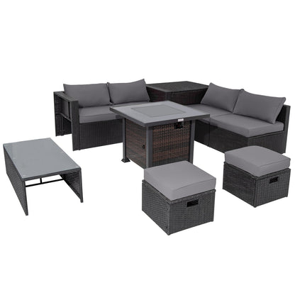 9 Pieces Patio Furniture Set with 32” Fire Pit Table and 50000 BTU Square Propane Fire Pit, Gray Outdoor Seating & Patio Chairs   at Gallery Canada