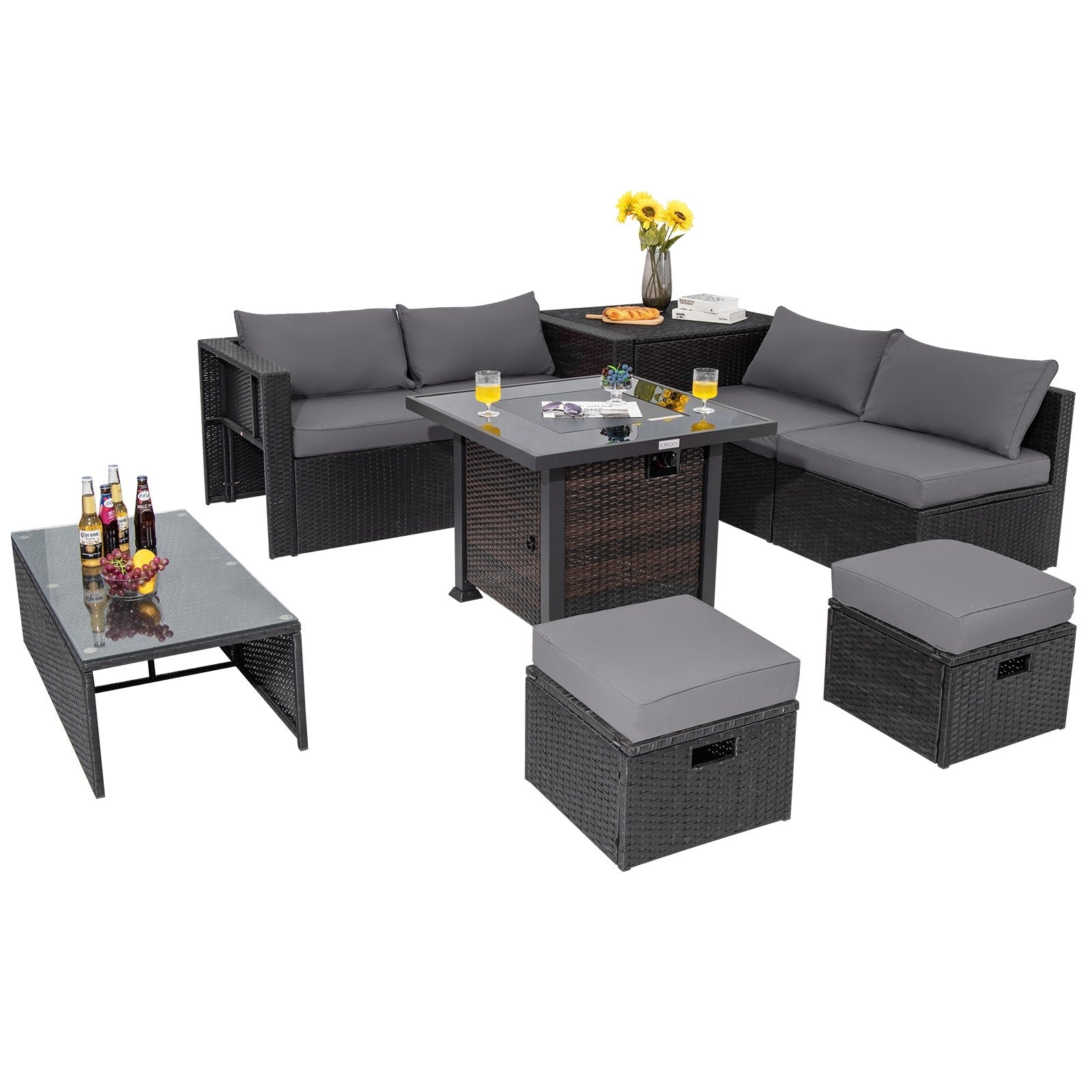 9 Pieces Patio Furniture Set with 32” Fire Pit Table and 50000 BTU Square Propane Fire Pit, Gray Outdoor Seating & Patio Chairs   at Gallery Canada