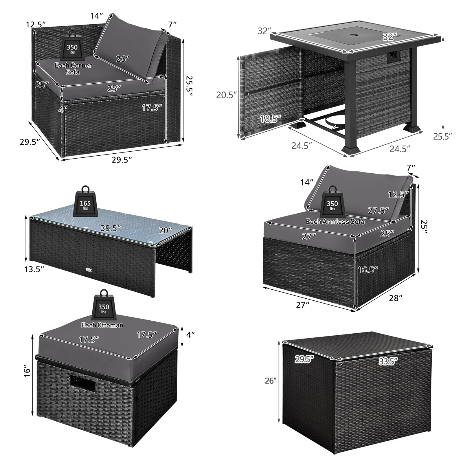 9 Pieces Patio Furniture Set with 32” Fire Pit Table and 50000 BTU Square Propane Fire Pit, Gray Outdoor Seating & Patio Chairs at Gallery Canada