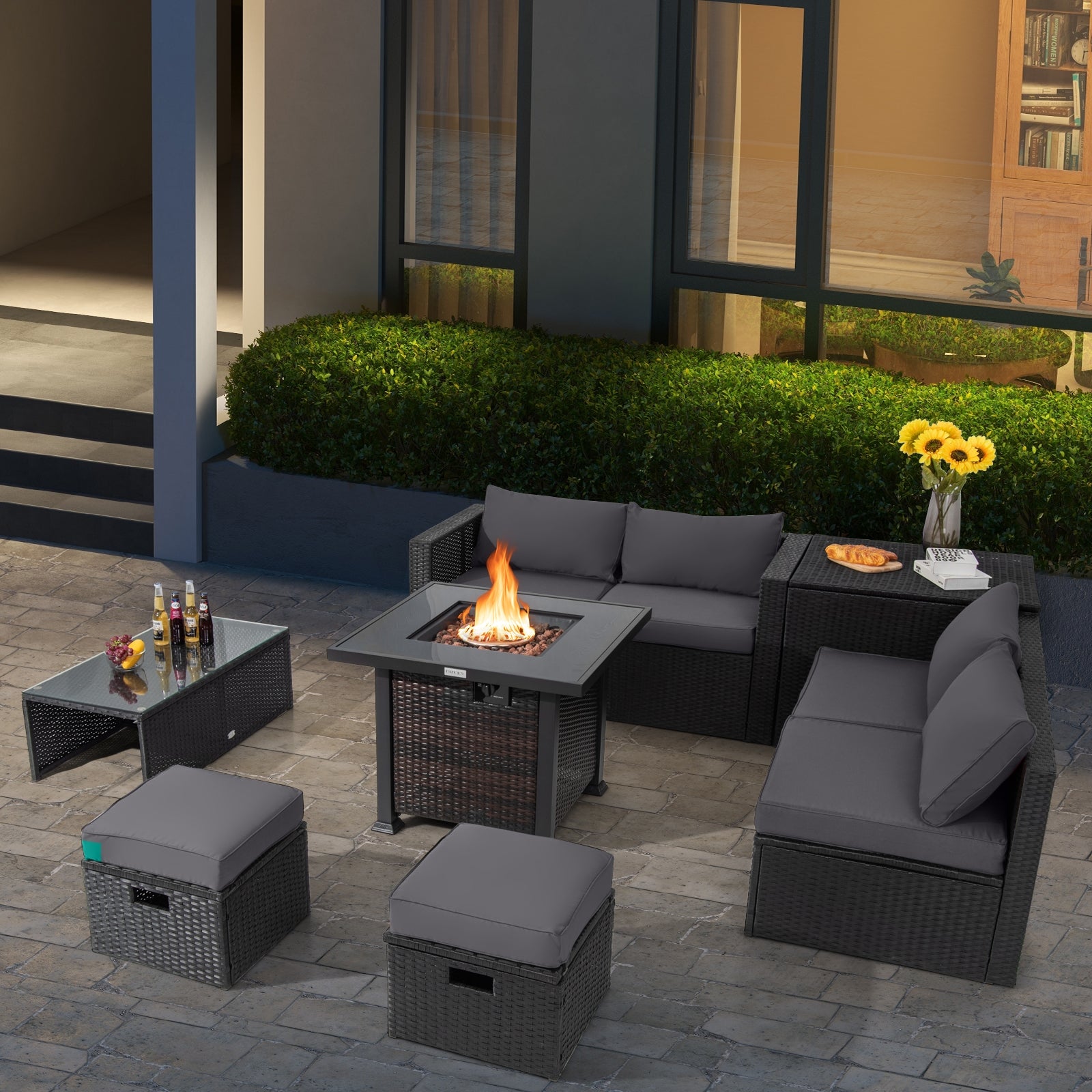 9 Pieces Patio Furniture Set with 32” Fire Pit Table and 50000 BTU Square Propane Fire Pit, Gray Outdoor Seating & Patio Chairs at Gallery Canada
