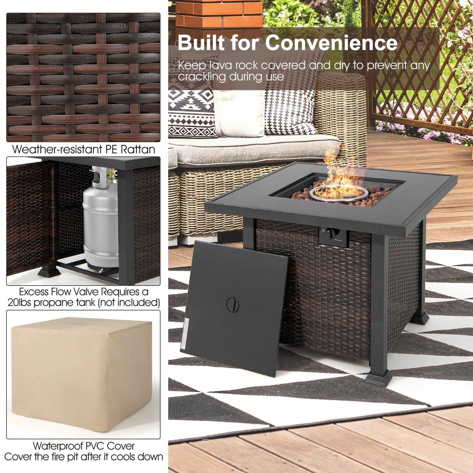 9 Pieces Patio Furniture Set with 32” Fire Pit Table and 50000 BTU Square Propane Fire Pit, Gray Outdoor Seating & Patio Chairs at Gallery Canada