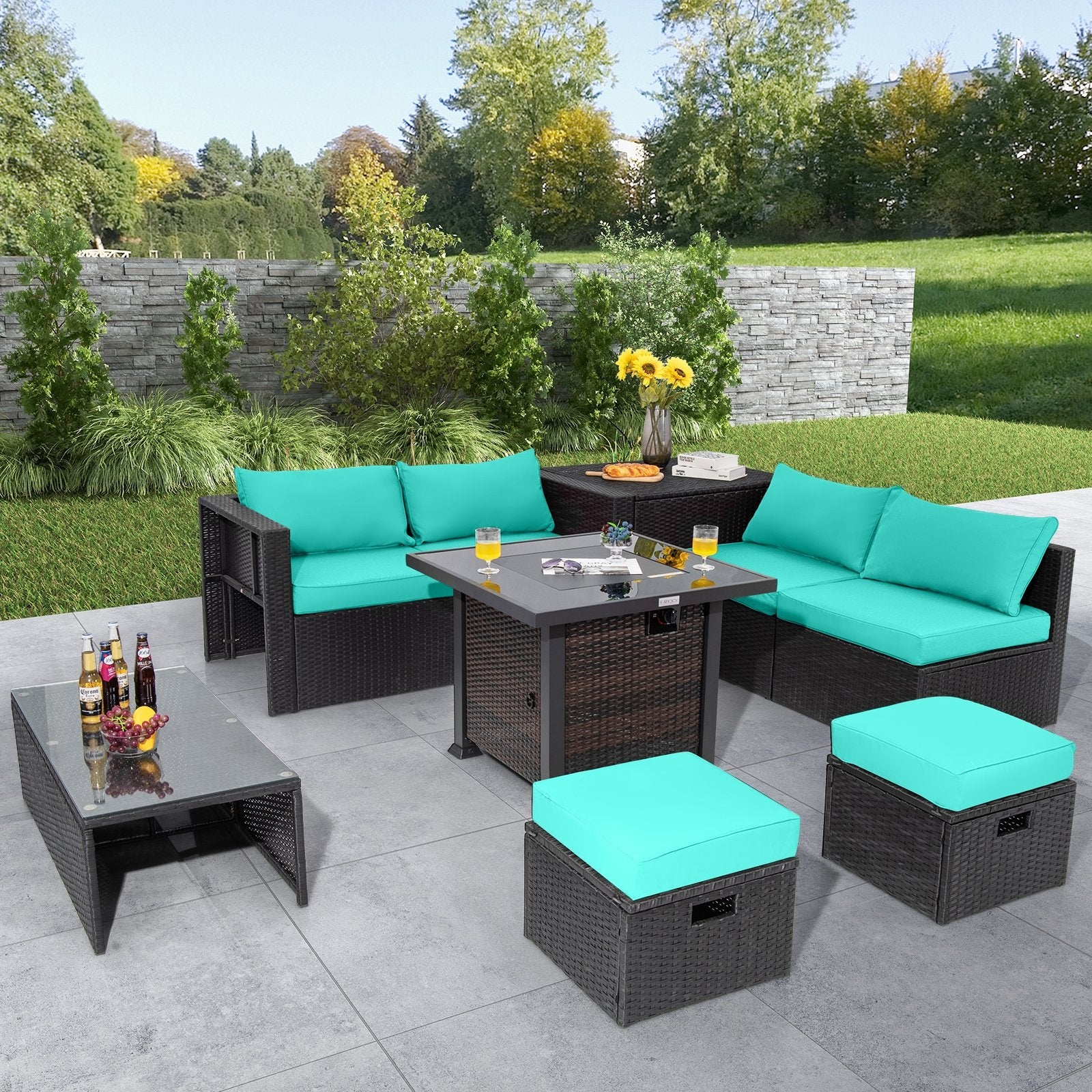 9 Pieces Patio Furniture Set with 32” Fire Pit Table and 50000 BTU Square Propane Fire Pit, Turquoise Outdoor Seating & Patio Chairs   at Gallery Canada