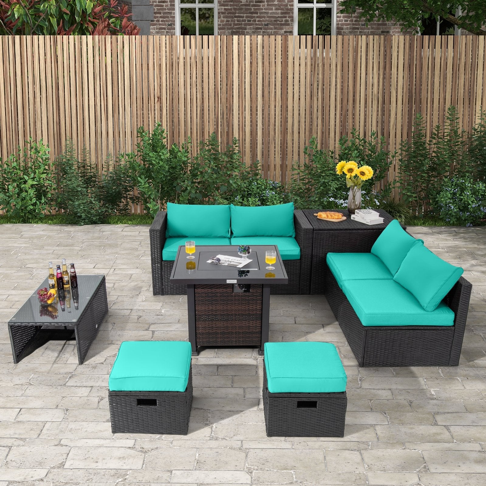 9 Pieces Patio Furniture Set with 32” Fire Pit Table and 50000 BTU Square Propane Fire Pit, Turquoise Outdoor Seating & Patio Chairs   at Gallery Canada