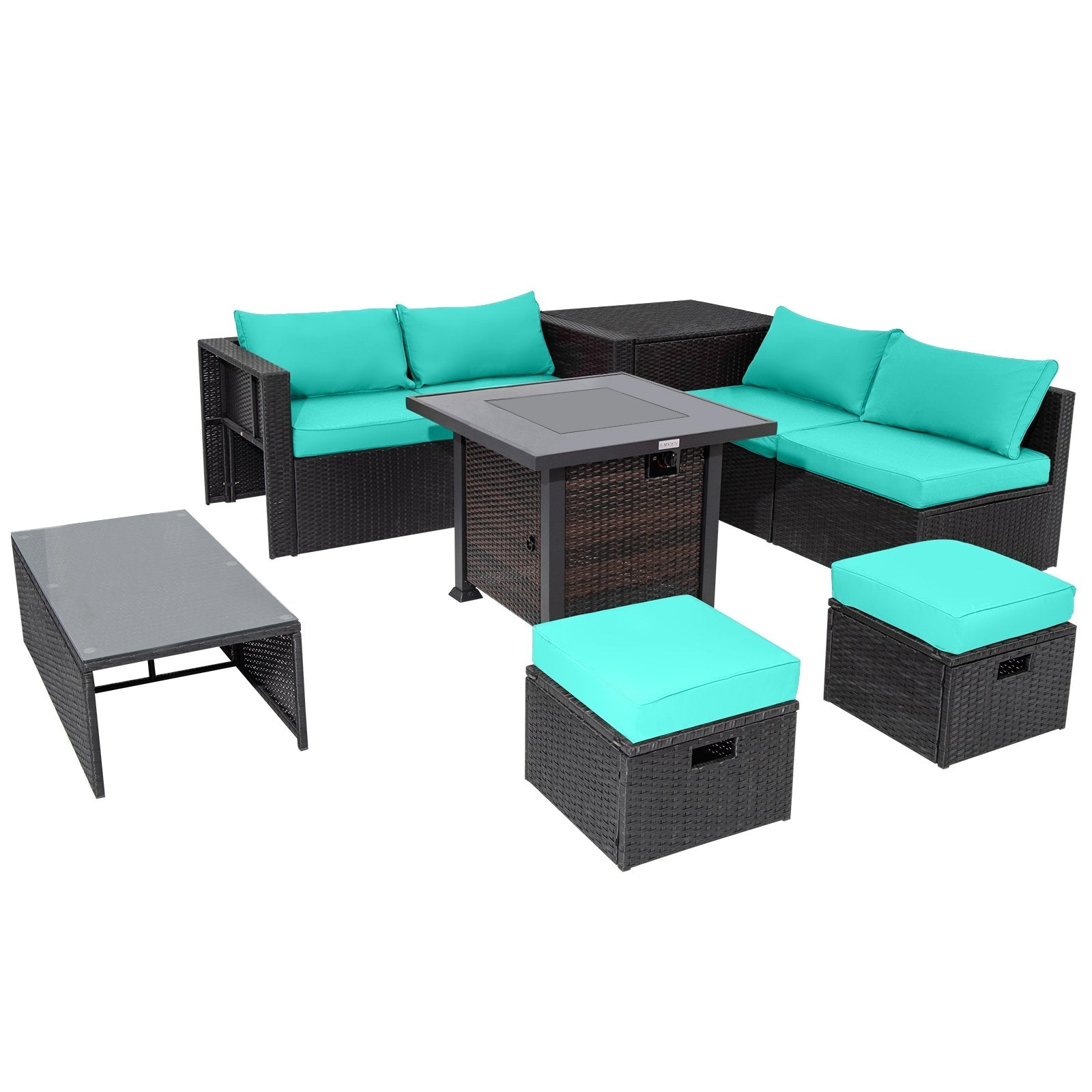 9 Pieces Patio Furniture Set with 32” Fire Pit Table and 50000 BTU Square Propane Fire Pit, Turquoise Outdoor Seating & Patio Chairs   at Gallery Canada