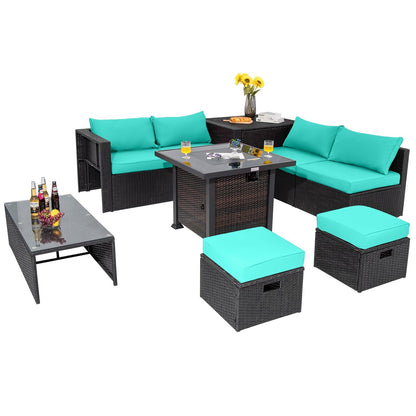 9 Pieces Patio Furniture Set with 32” Fire Pit Table and 50000 BTU Square Propane Fire Pit, Turquoise Outdoor Seating & Patio Chairs   at Gallery Canada