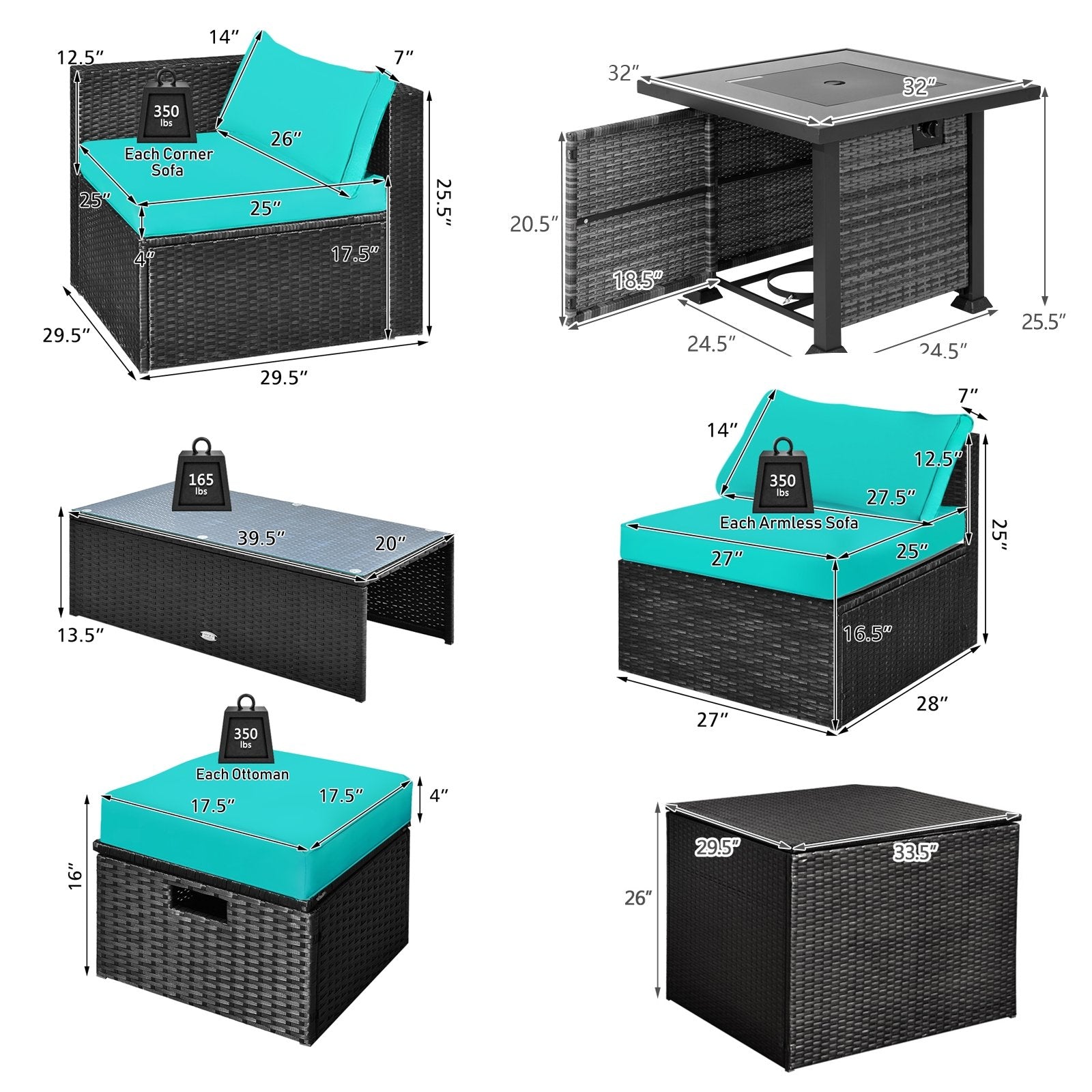 9 Pieces Patio Furniture Set with 32” Fire Pit Table and 50000 BTU Square Propane Fire Pit, Turquoise Outdoor Seating & Patio Chairs   at Gallery Canada