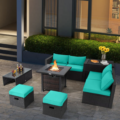 9 Pieces Patio Furniture Set with 32” Fire Pit Table and 50000 BTU Square Propane Fire Pit, Turquoise Outdoor Seating & Patio Chairs   at Gallery Canada