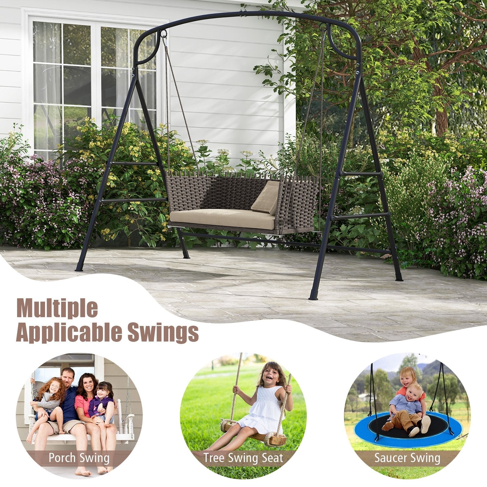 Patio Metal Swing Stand with Double Side Bars and 2-Ring Design, Black Porch Swings   at Gallery Canada