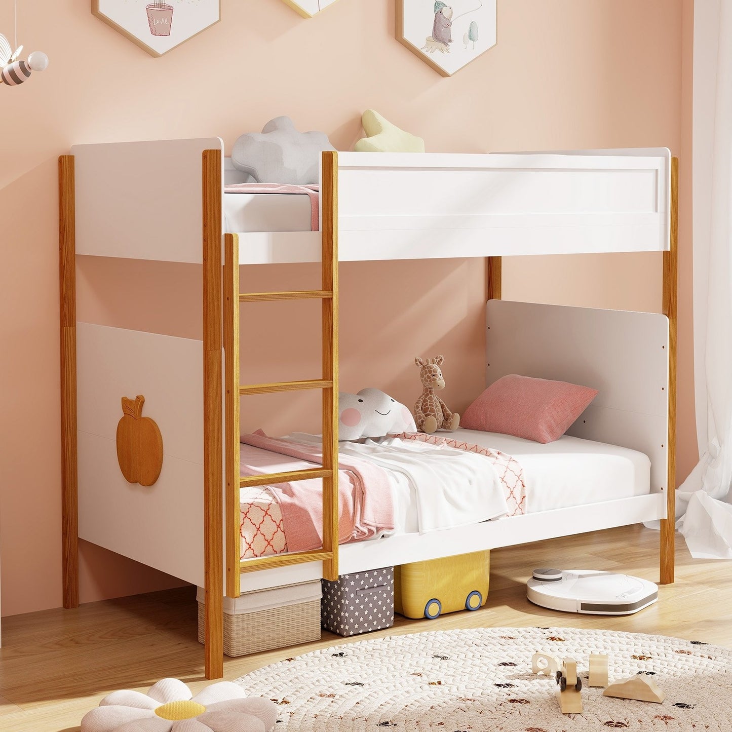 Twin Over Twin Bunk Bed with Integrated Ladder and Safety Guardrails-Twin Size, White Bunk Bed Frame   at Gallery Canada