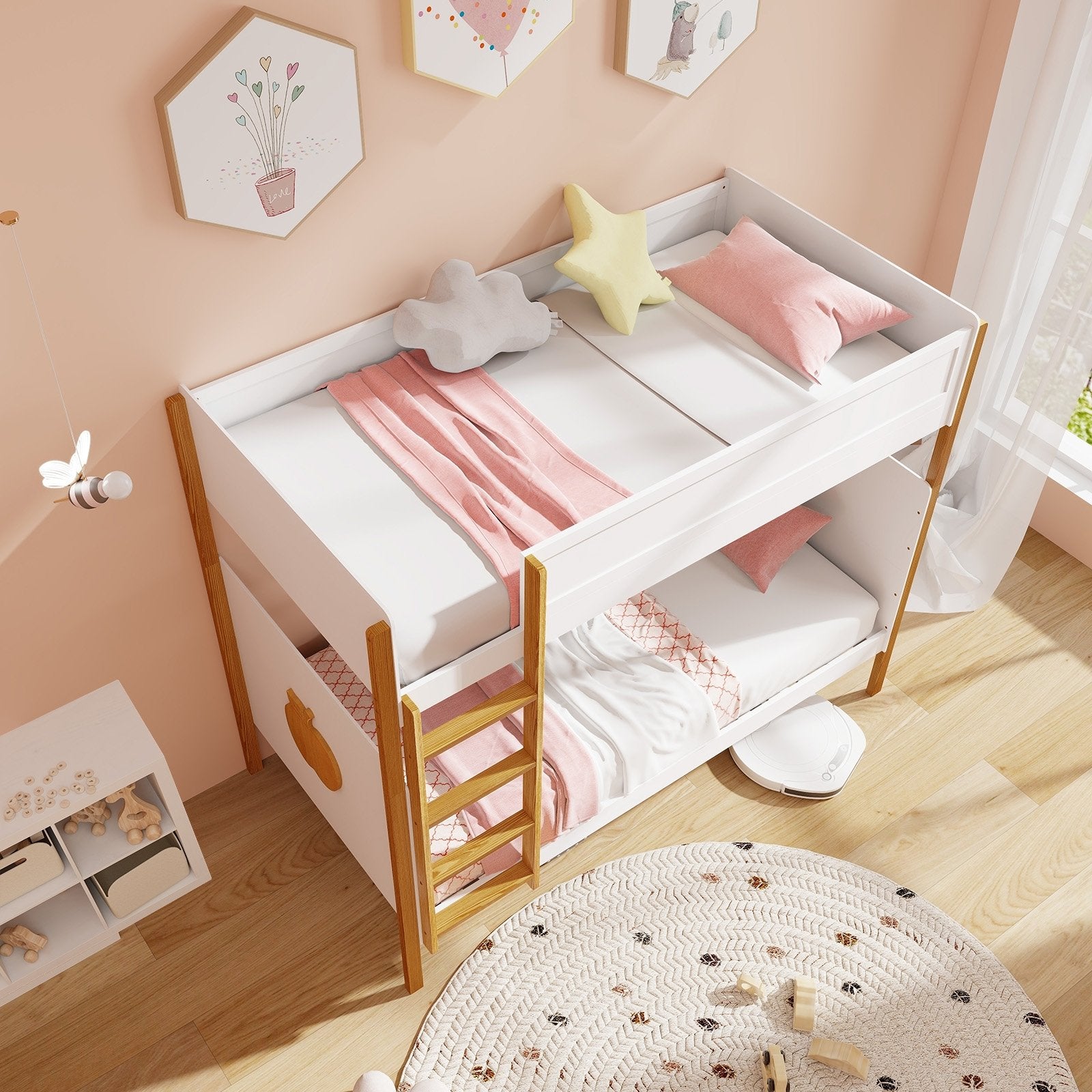 Twin Over Twin Bunk Bed with Integrated Ladder and Safety Guardrails-Twin Size, White Bunk Bed Frame   at Gallery Canada