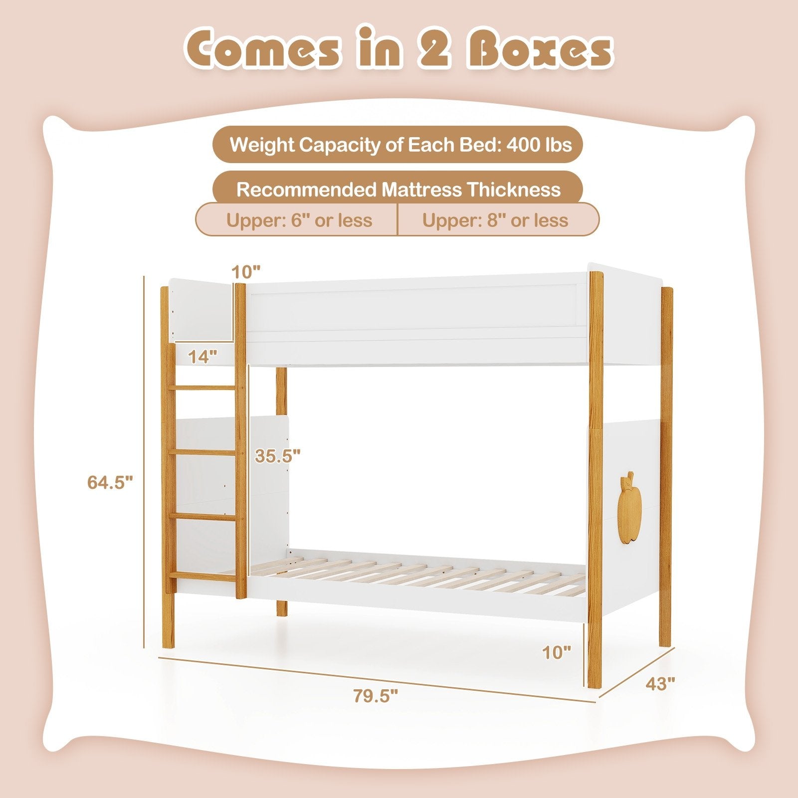 Twin Over Twin Bunk Bed with Integrated Ladder and Safety Guardrails-Twin Size, White Bunk Bed Frame   at Gallery Canada