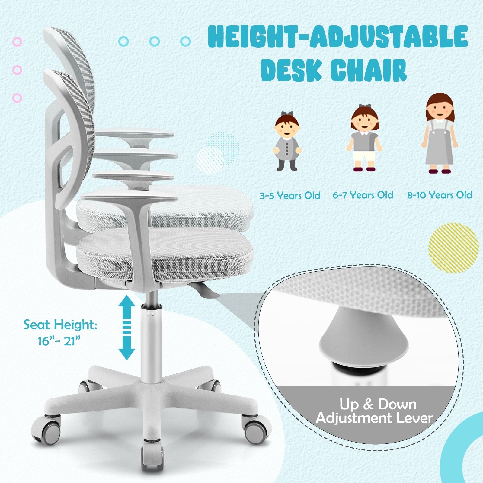 Adjustable Desk Chair with 5 Rolling Casters for Kids, Gray Kids Chairs & Seating   at Gallery Canada