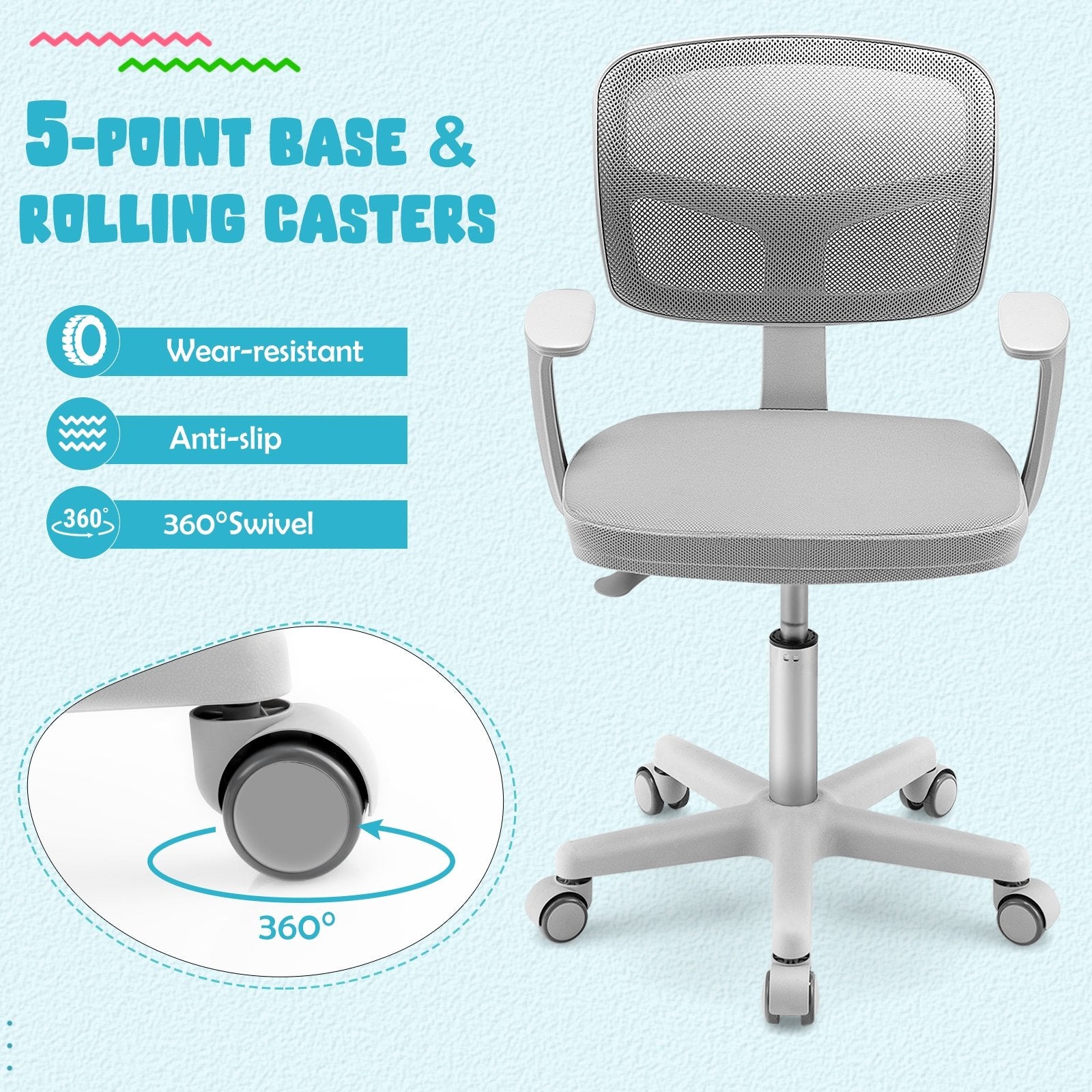 Adjustable Desk Chair with 5 Rolling Casters for Kids, Gray Kids Chairs & Seating   at Gallery Canada