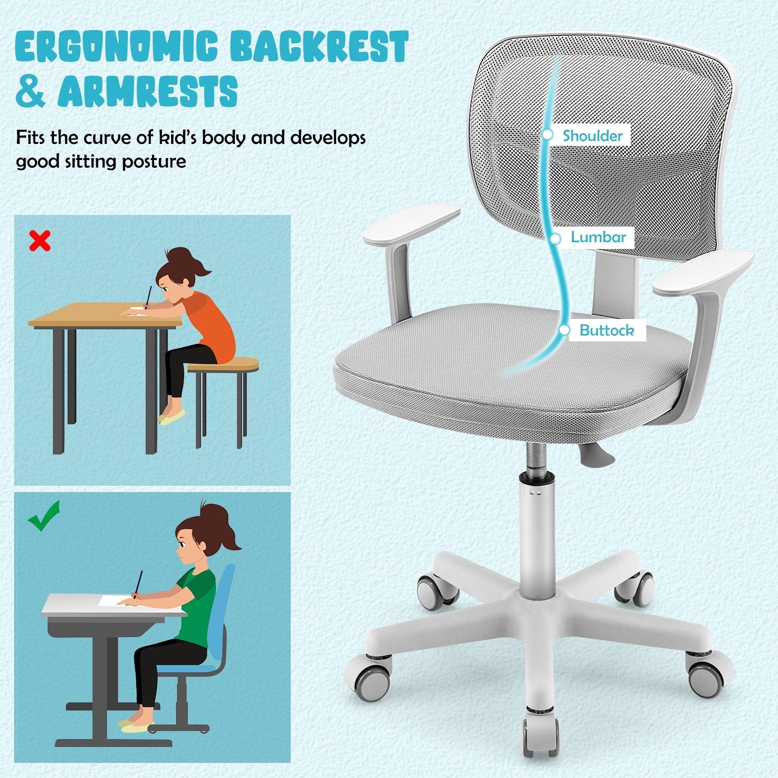 Adjustable Desk Chair with 5 Rolling Casters for Kids, Gray Kids Chairs & Seating   at Gallery Canada