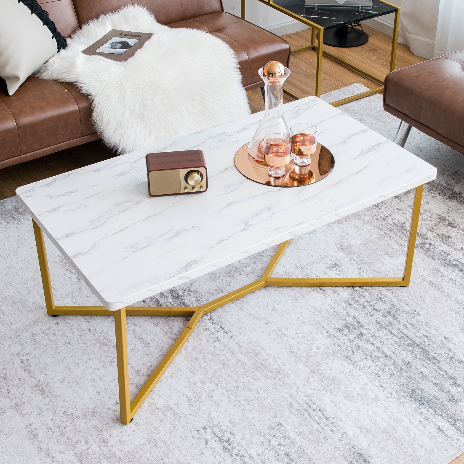 White Faux Marble Coffee Table with Gold Finished Metal Frame Coffee Tables   at Gallery Canada