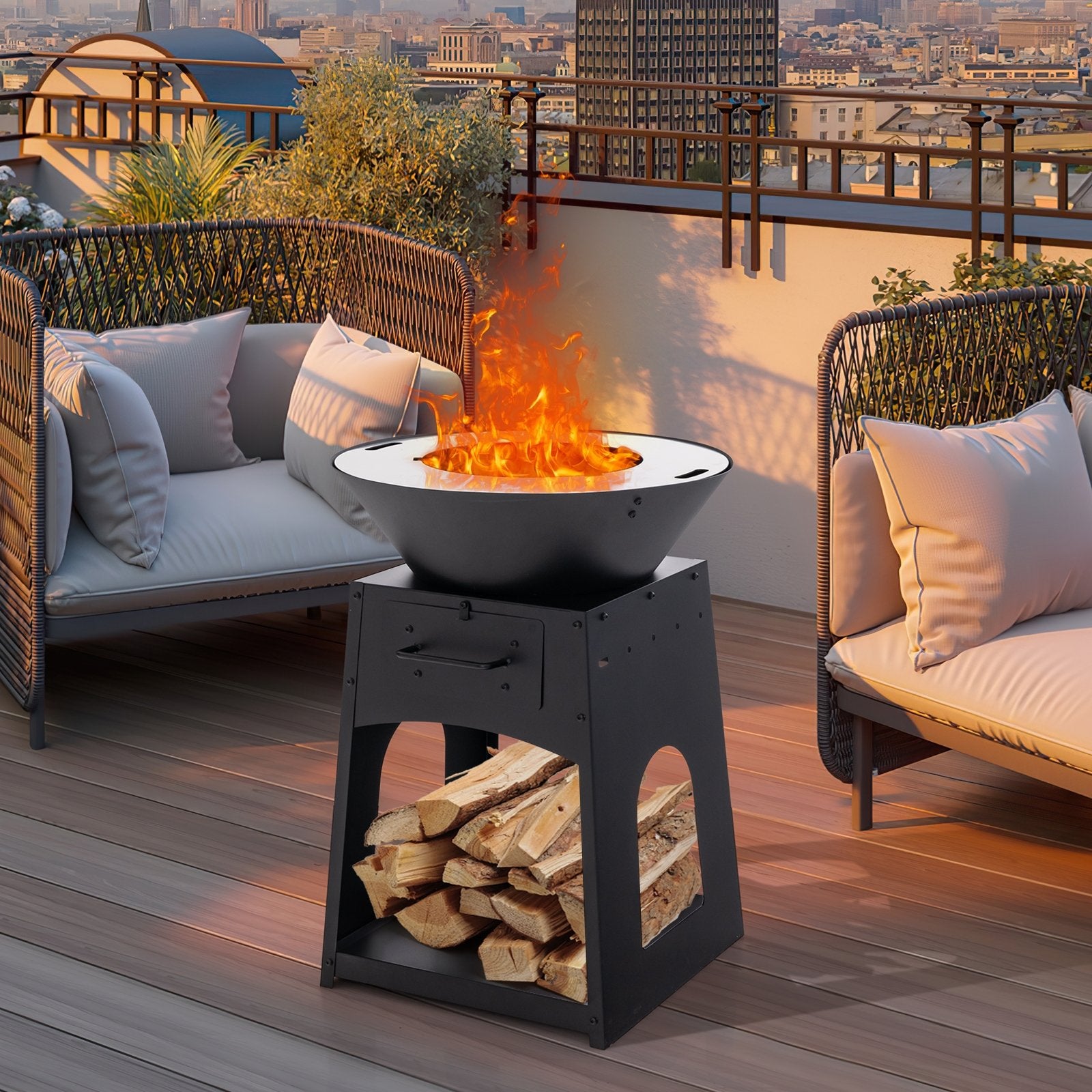 Patio Fire Pit with Firewood Log Rack with Grill and Ash Box, Black Fire Pits   at Gallery Canada