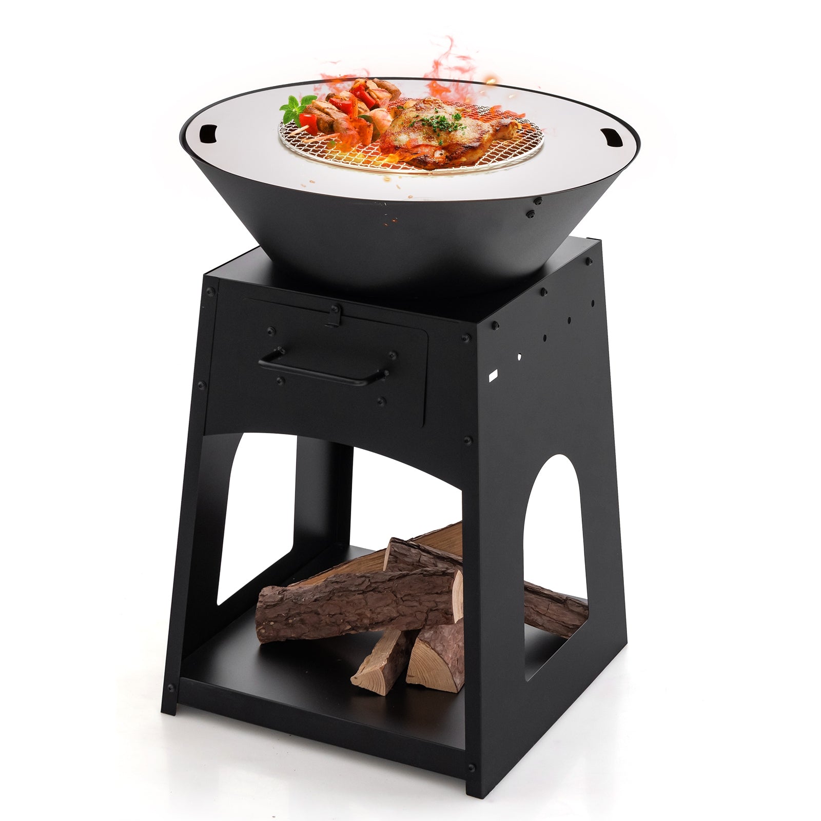 Patio Fire Pit with Firewood Log Rack with Grill and Ash Box, Black Fire Pits at Gallery Canada