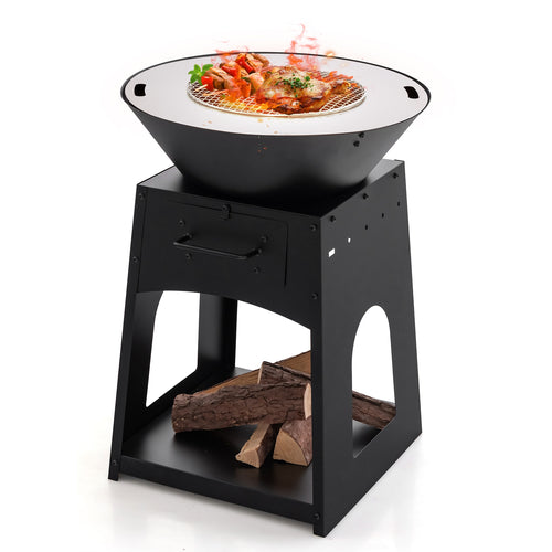 Patio Fire Pit with Firewood Log Rack with Grill and Ash Box, Black