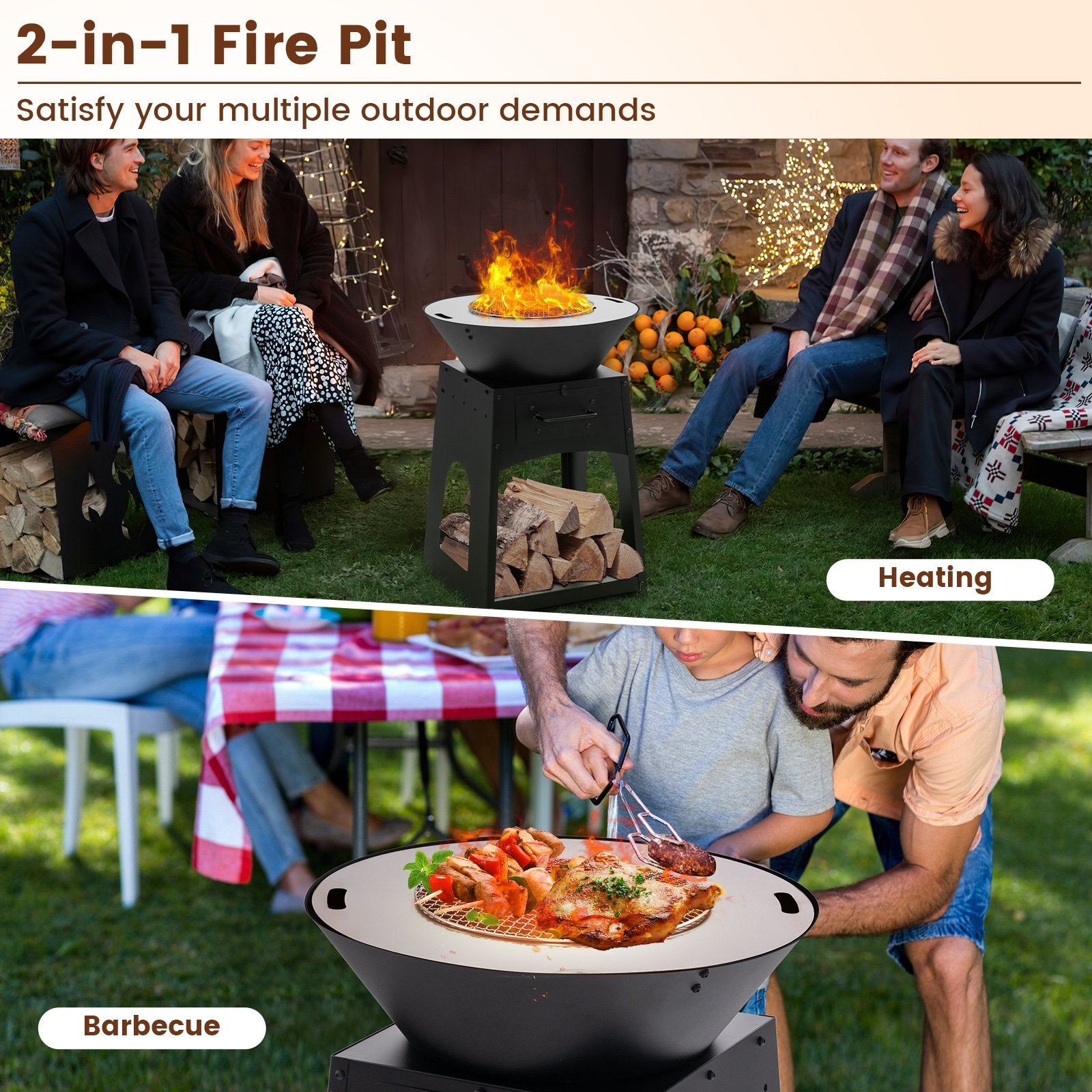 Patio Fire Pit with Firewood Log Rack with Grill and Ash Box, Black Fire Pits   at Gallery Canada