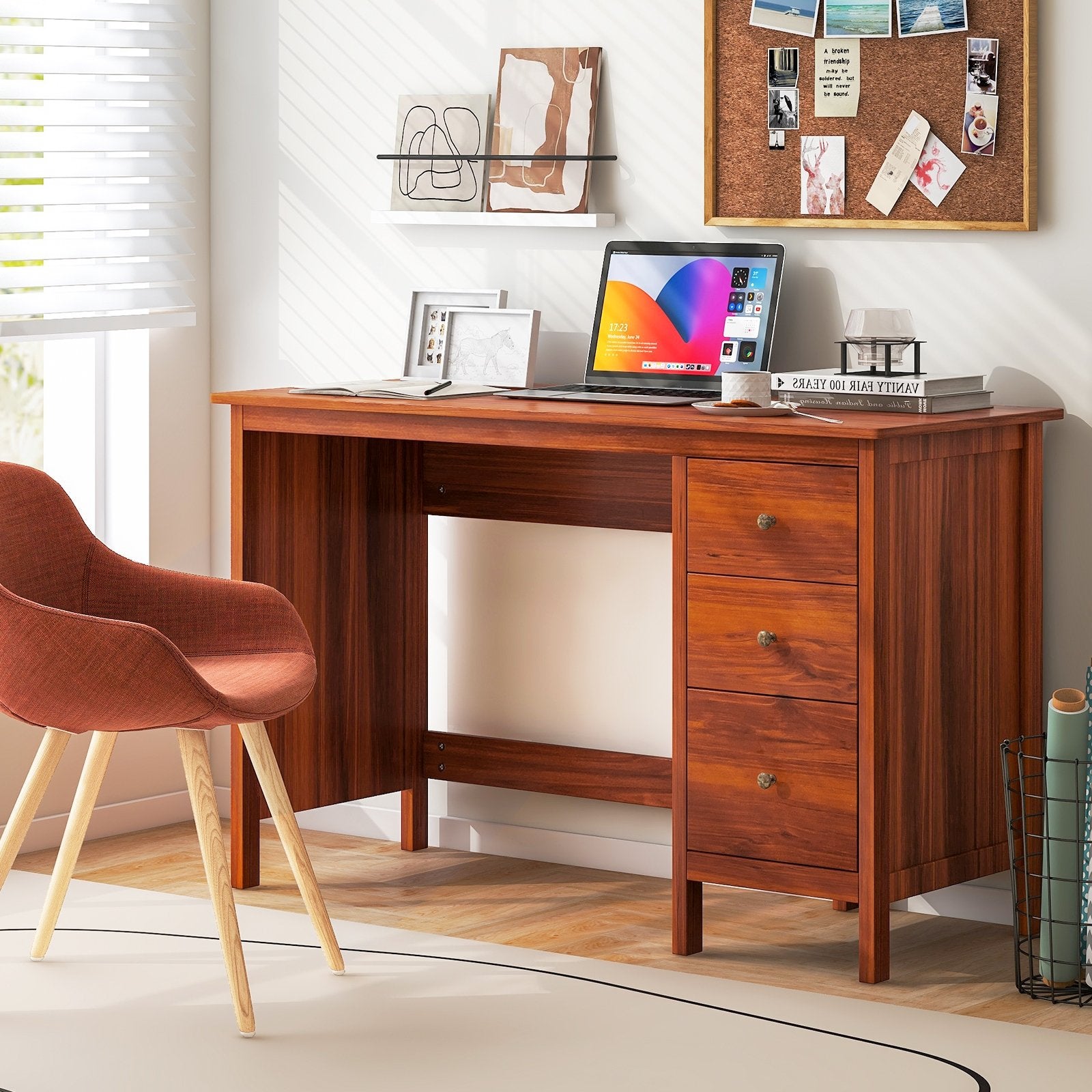 3-Drawer Home Office Study Computer Desk with Spacious Desktop, Brown Writing Desks   at Gallery Canada