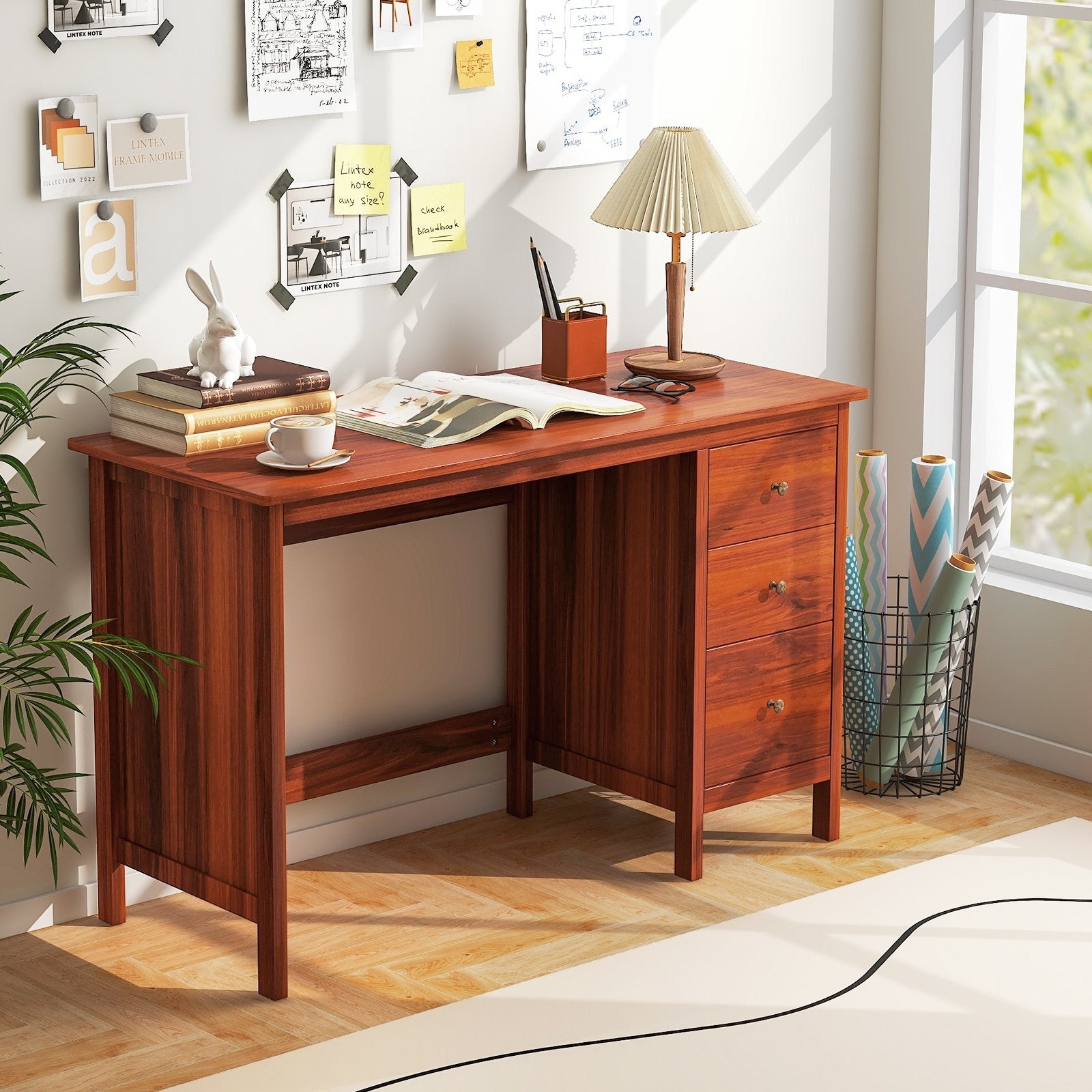 3-Drawer Home Office Study Computer Desk with Spacious Desktop, Brown Writing Desks   at Gallery Canada