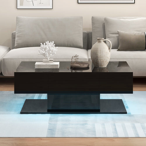 Modern LED Coffee Table with 20 Color LED Lights and 2 Storage Drawers, Black