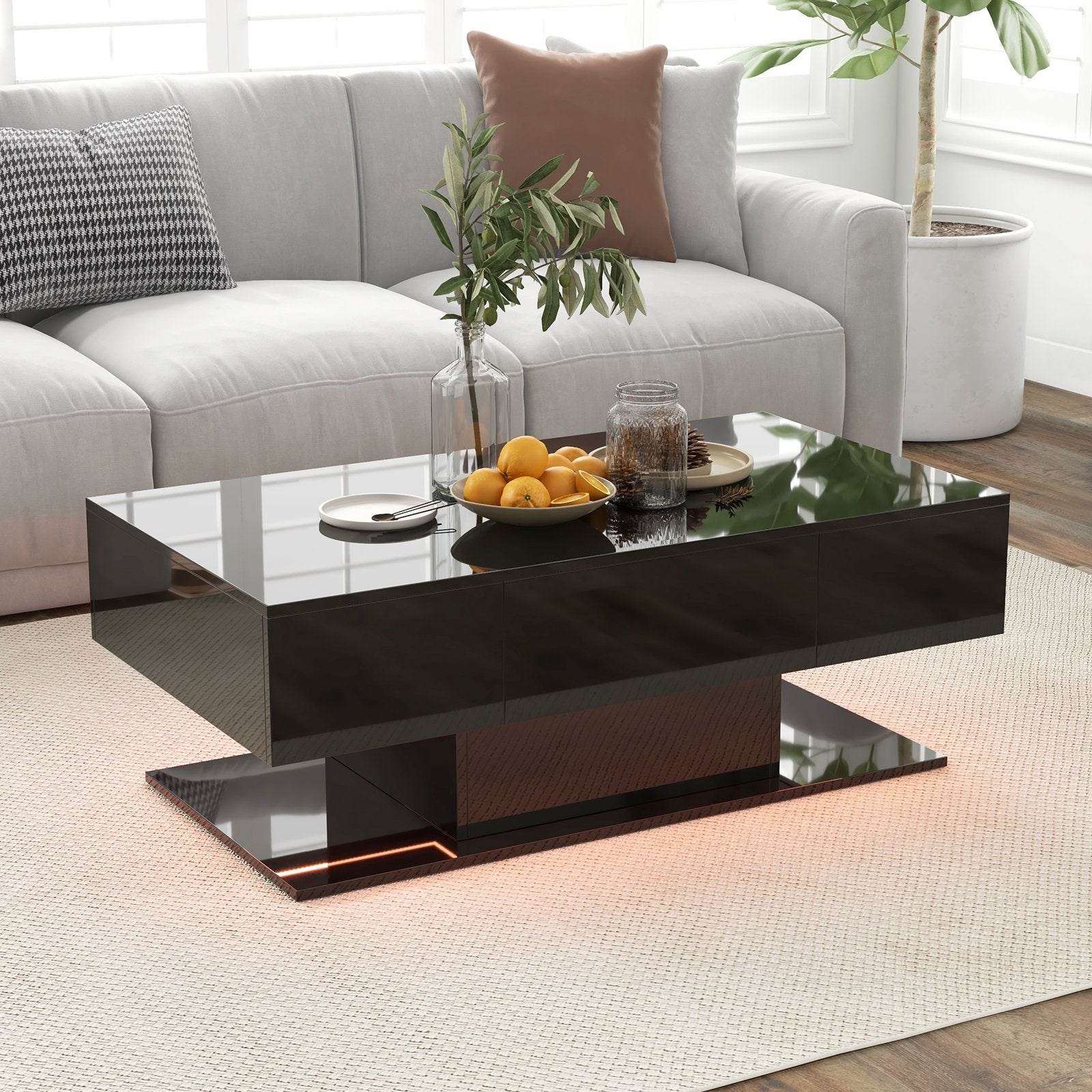 Modern LED Coffee Table with 20 Color LED Lights and 2 Storage Drawers, Black Coffee Tables   at Gallery Canada