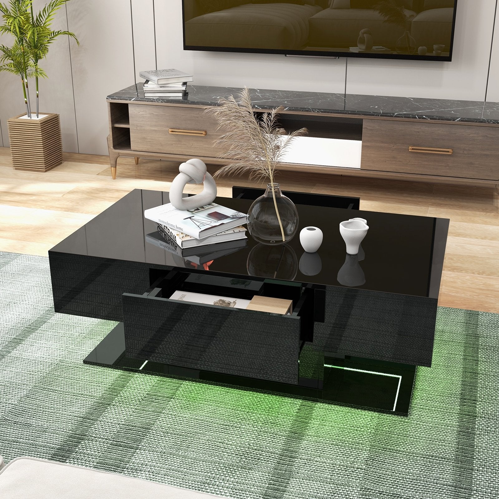 Modern LED Coffee Table with 20 Color LED Lights and 2 Storage Drawers, Black Coffee Tables   at Gallery Canada