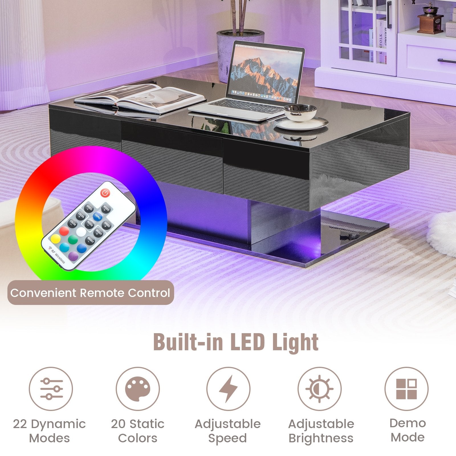 Modern LED Coffee Table with 20 Color LED Lights and 2 Storage Drawers, Black Coffee Tables   at Gallery Canada