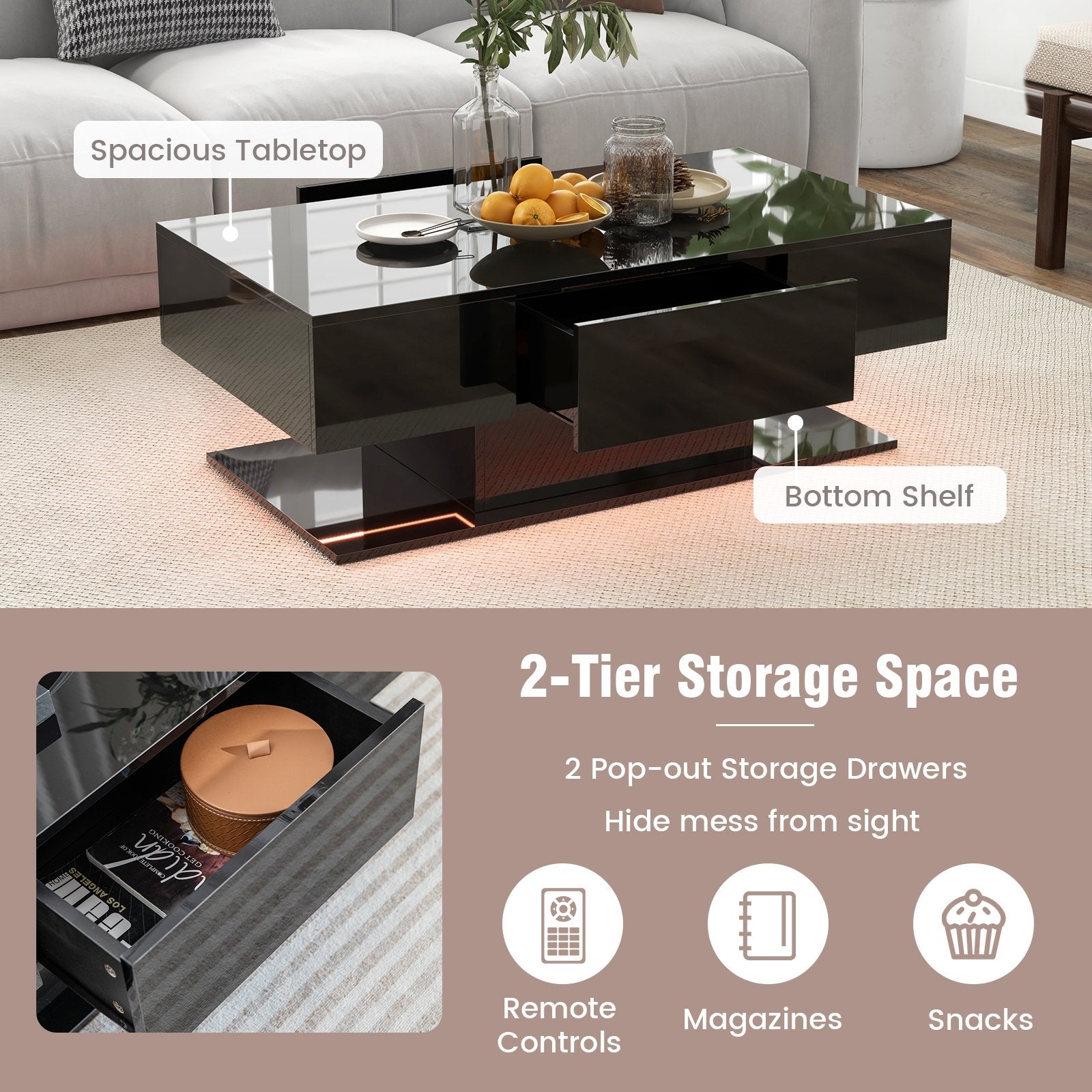 Modern LED Coffee Table with 20 Color LED Lights and 2 Storage Drawers, Black Coffee Tables   at Gallery Canada