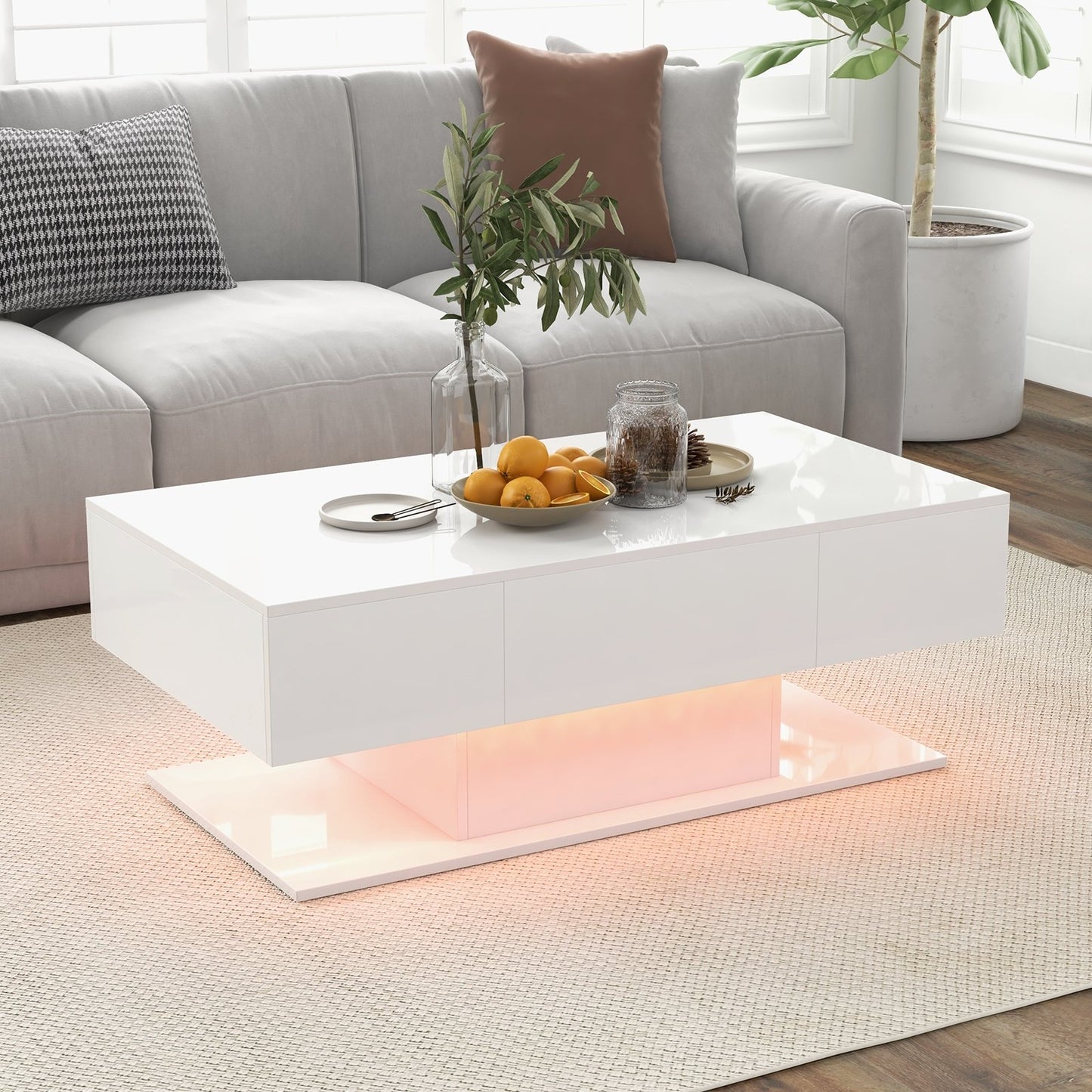 Modern LED Coffee Table with 20 Color LED Lights and 2 Storage Drawers, White Coffee Tables   at Gallery Canada