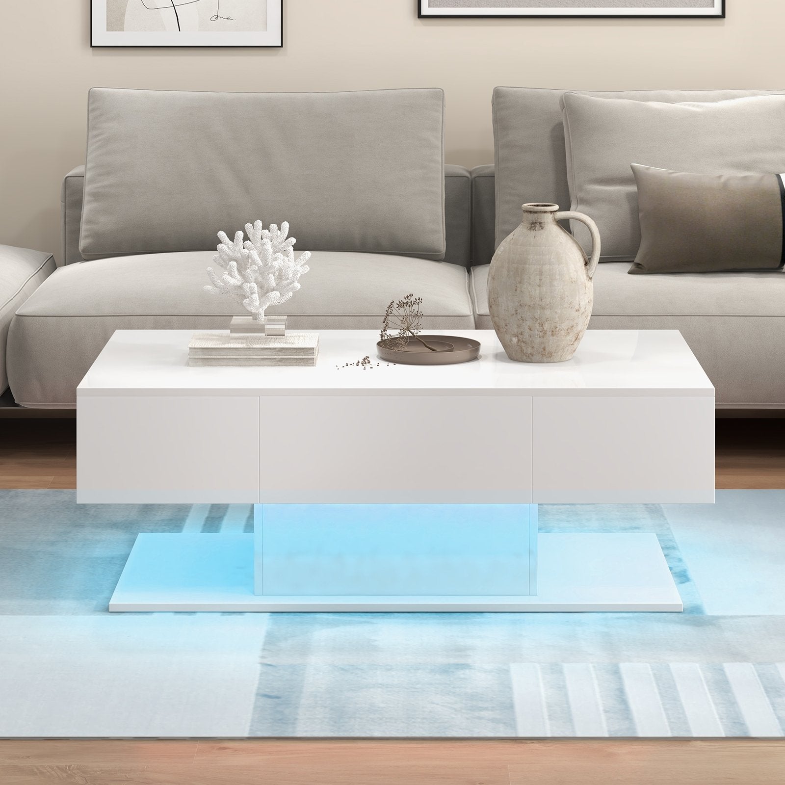 Modern LED Coffee Table with 20 Color LED Lights and 2 Storage Drawers, White Coffee Tables   at Gallery Canada