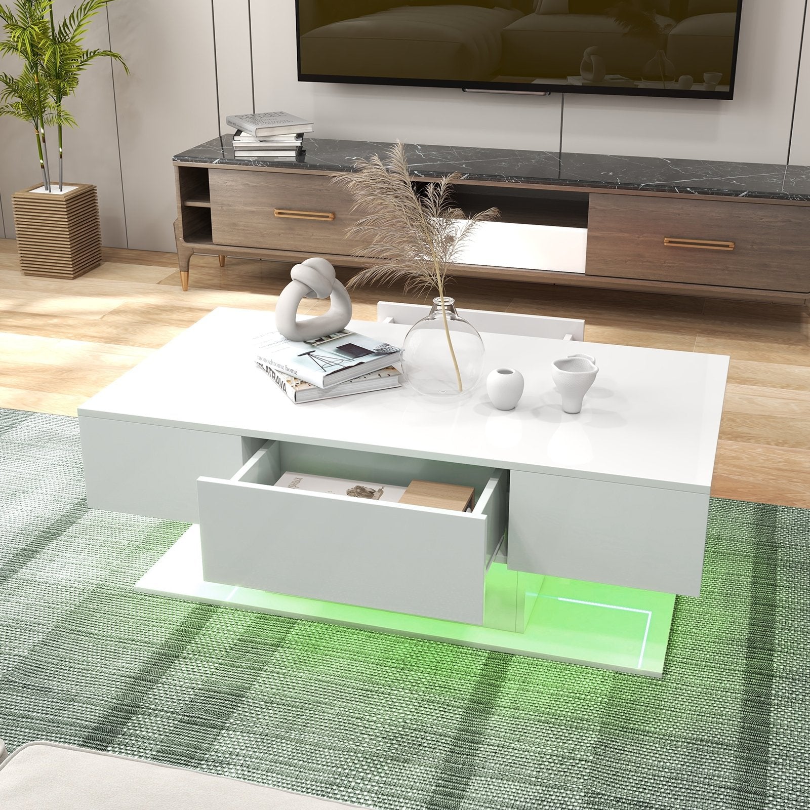 Modern LED Coffee Table with 20 Color LED Lights and 2 Storage Drawers, White Coffee Tables   at Gallery Canada