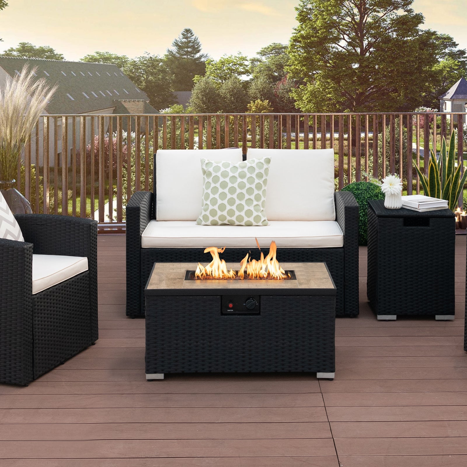 32 x 20 Inch Propane Rattan Fire Pit Table Set with Side Table Tank and Cover, Black Fire Pit Tables   at Gallery Canada