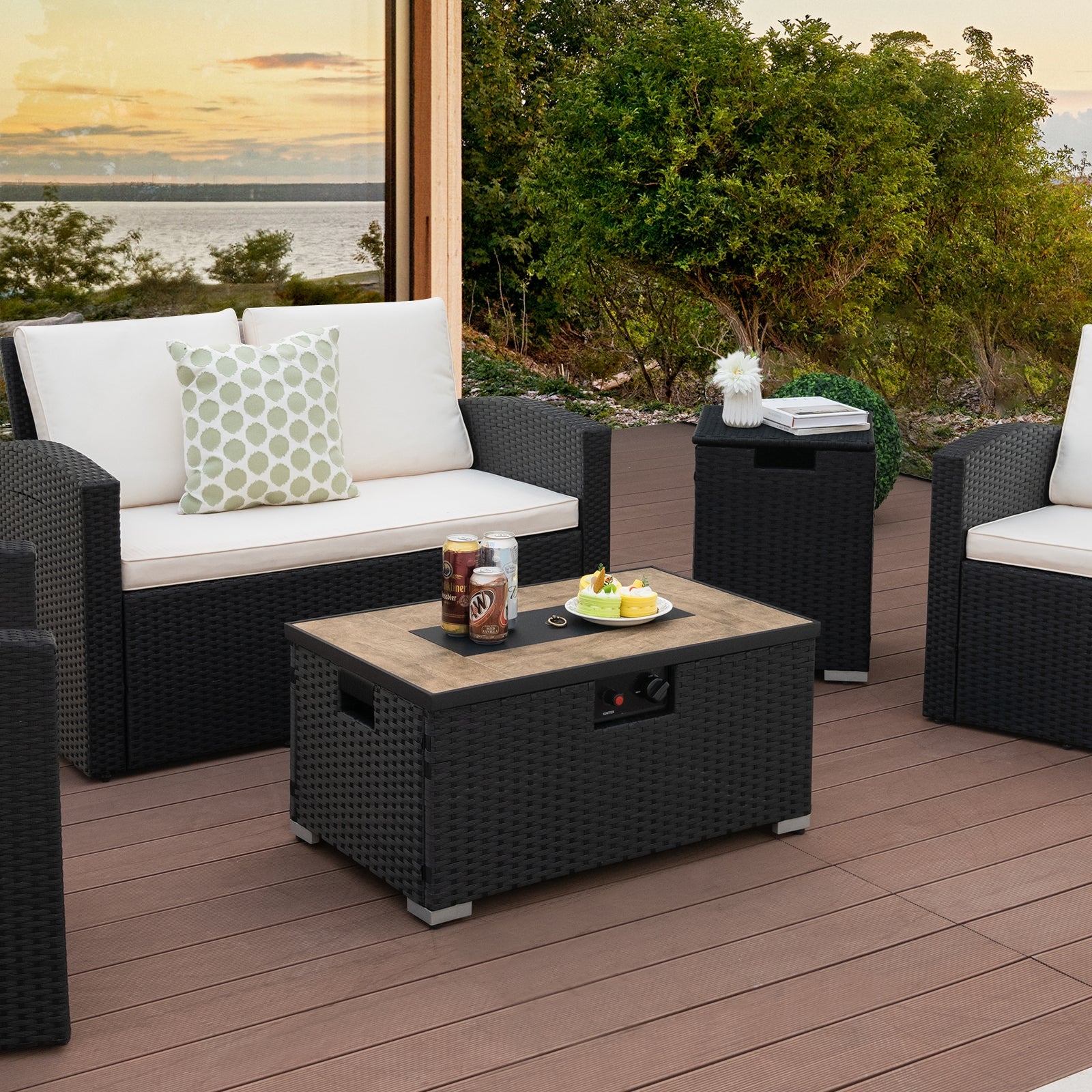 32 x 20 Inch Propane Rattan Fire Pit Table Set with Side Table Tank and Cover, Black Fire Pit Tables   at Gallery Canada