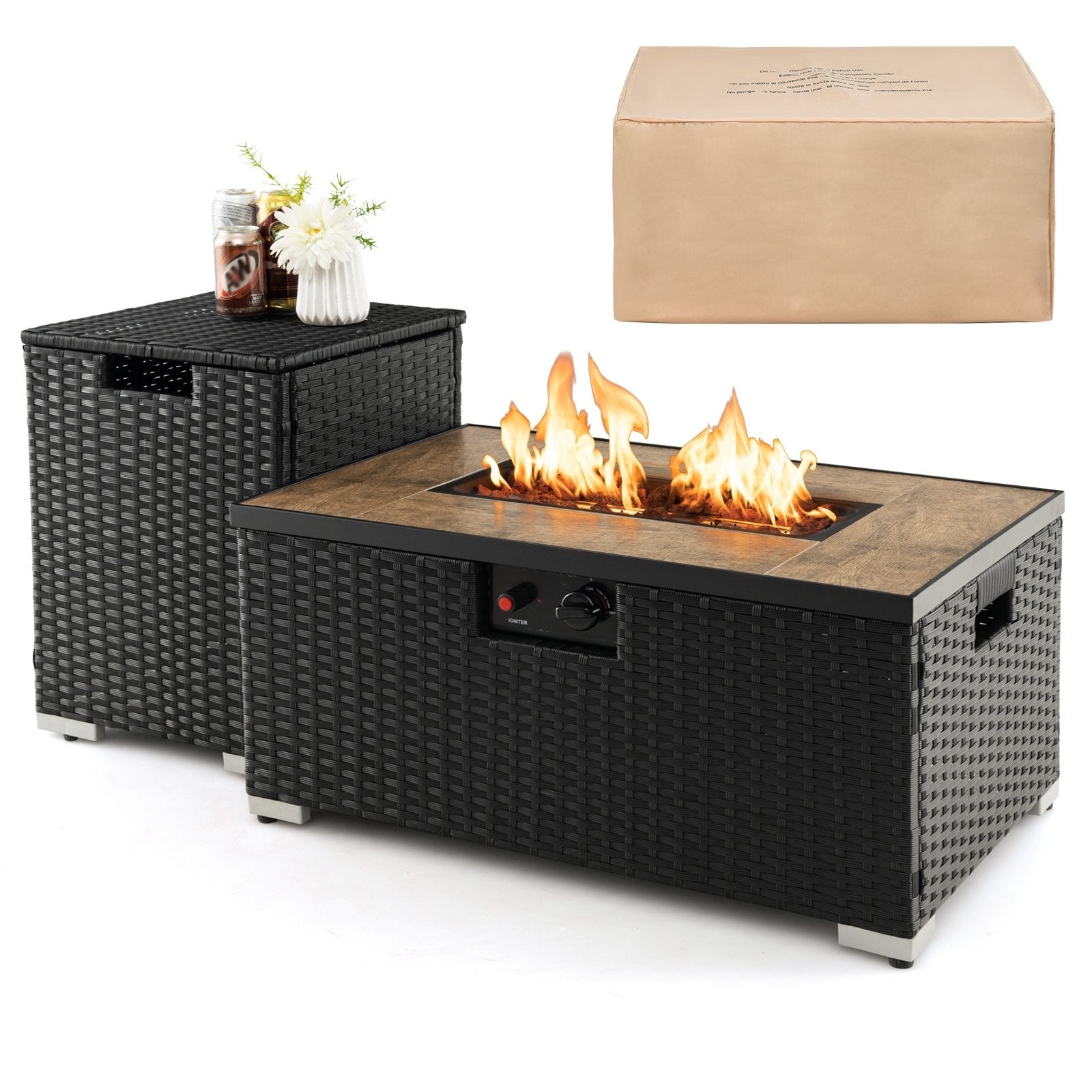 32 x 20 Inch Propane Rattan Fire Pit Table Set with Side Table Tank and Cover, Black Fire Pit Tables Black at Gallery Canada